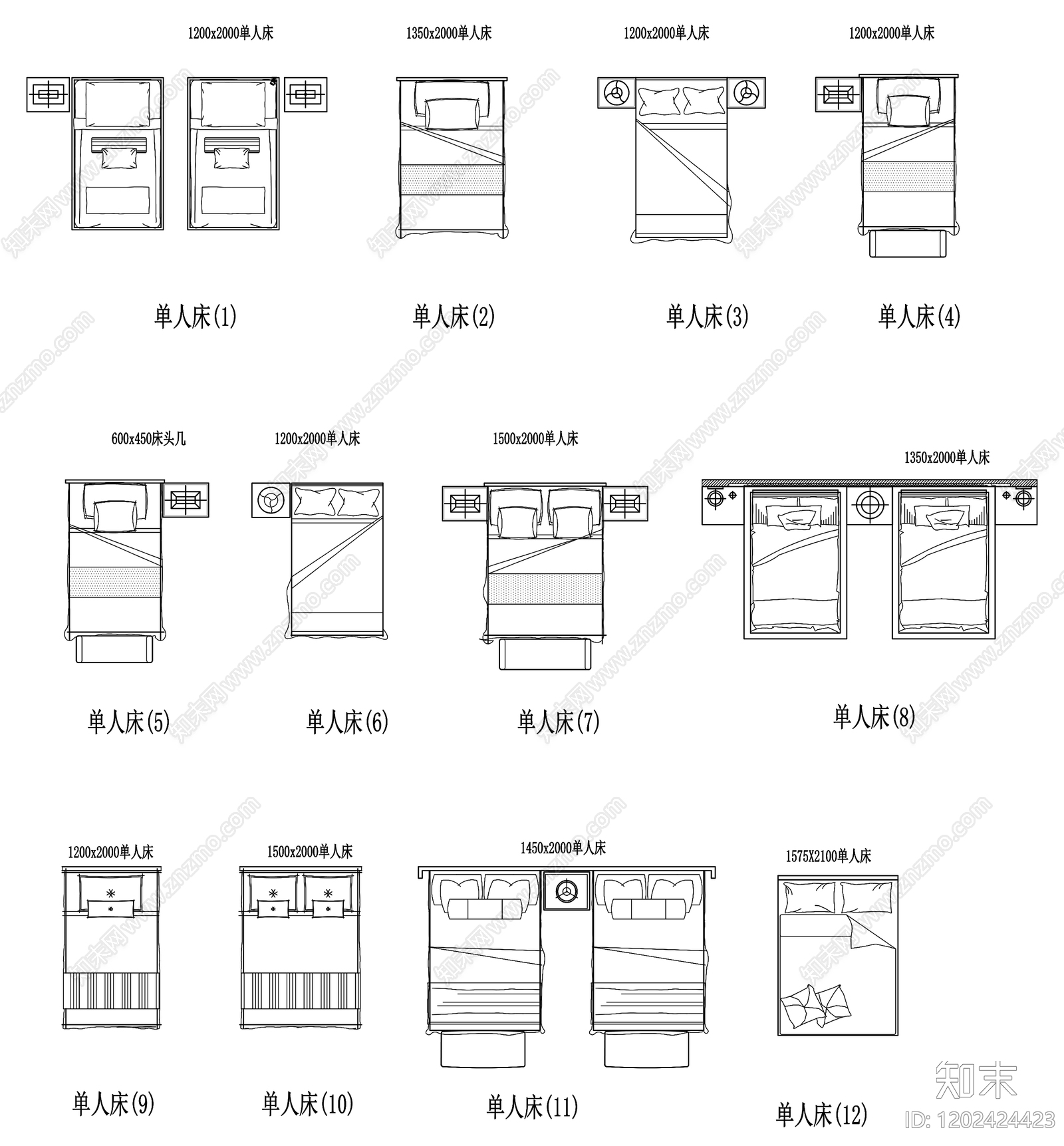 现代欧式床施工图下载【ID:1202424423】
