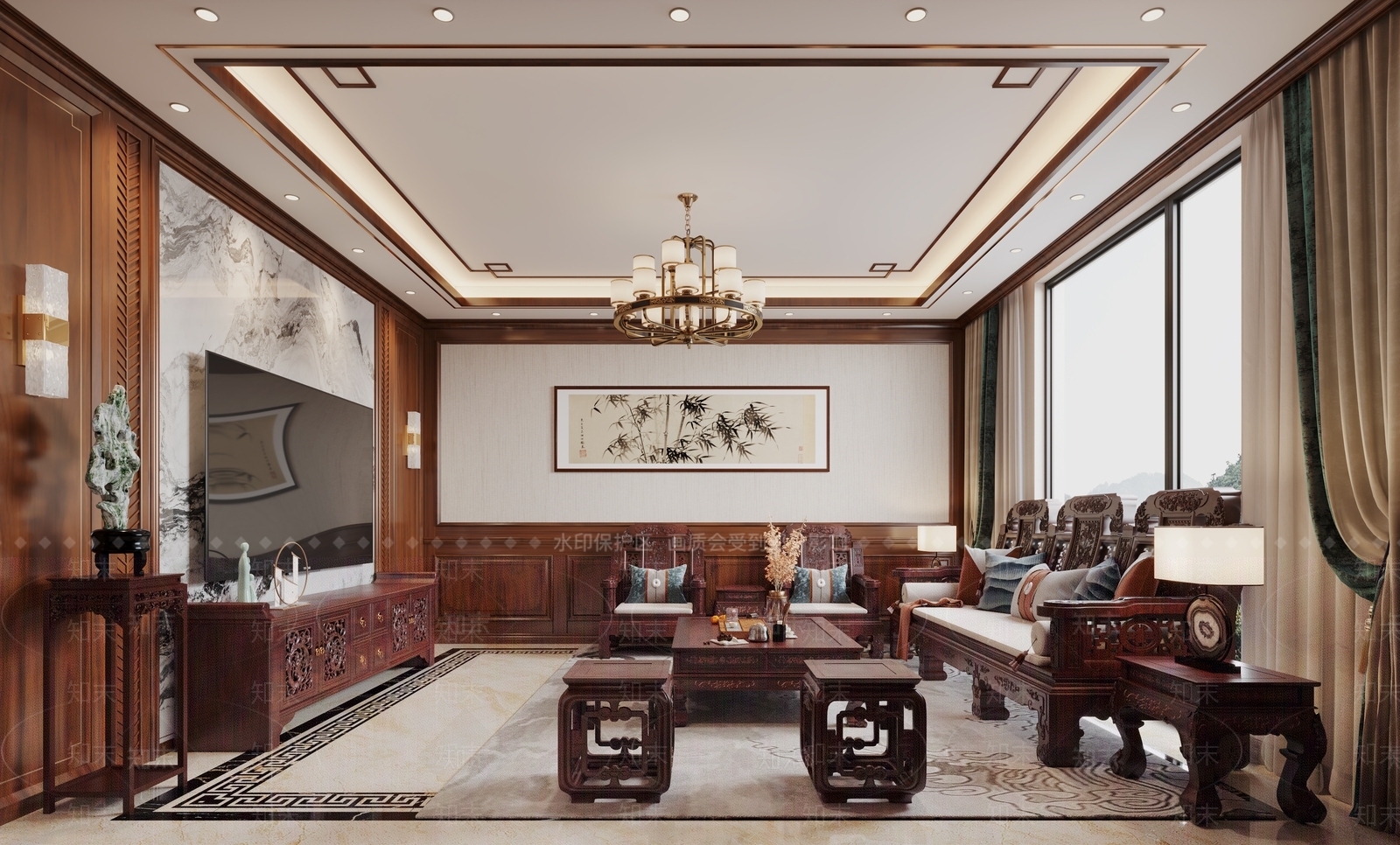 中式别墅客厅3D模型下载【ID:1202450106】