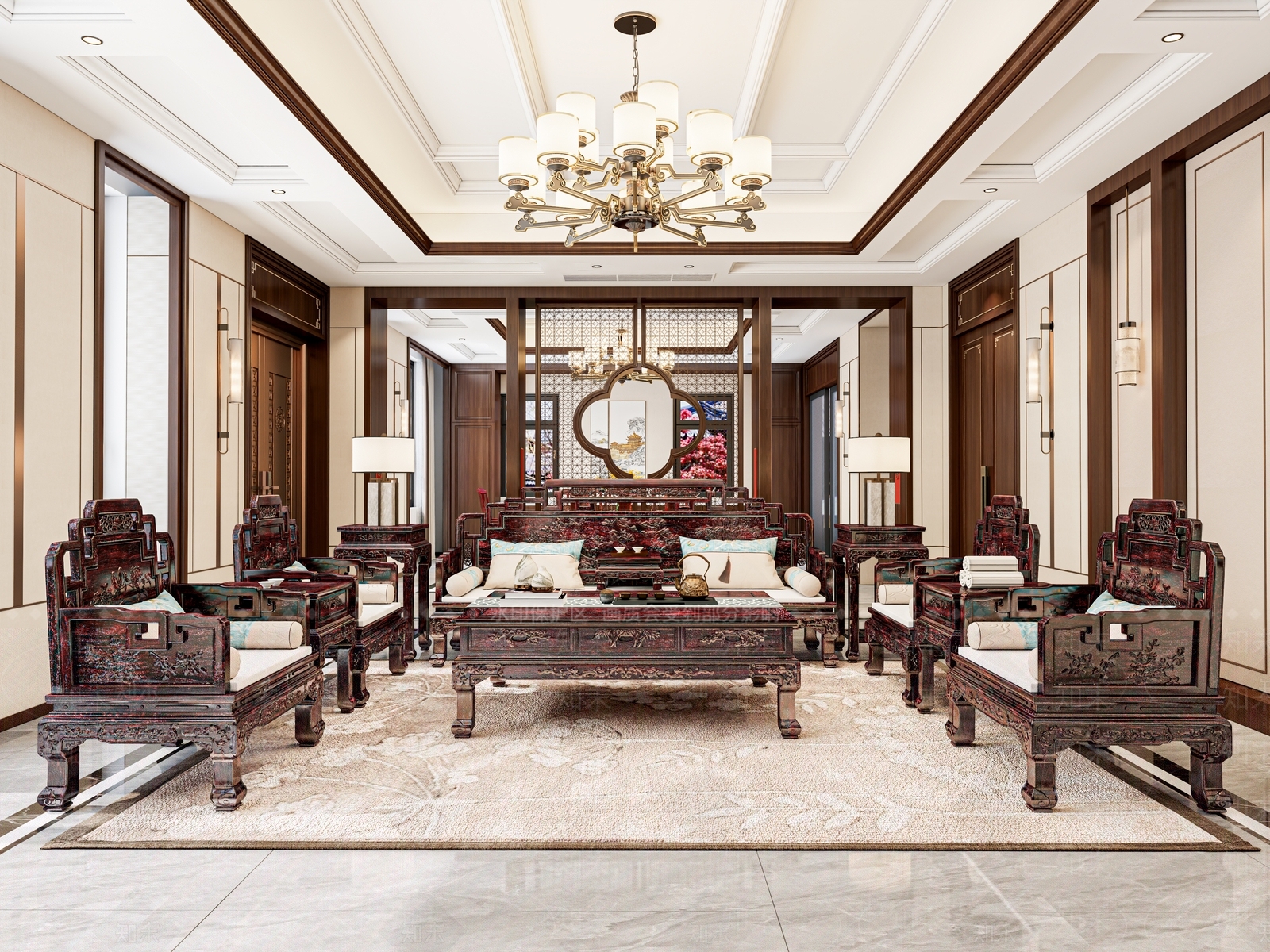 新中式中式别墅客厅3D模型下载【ID:1202463845】