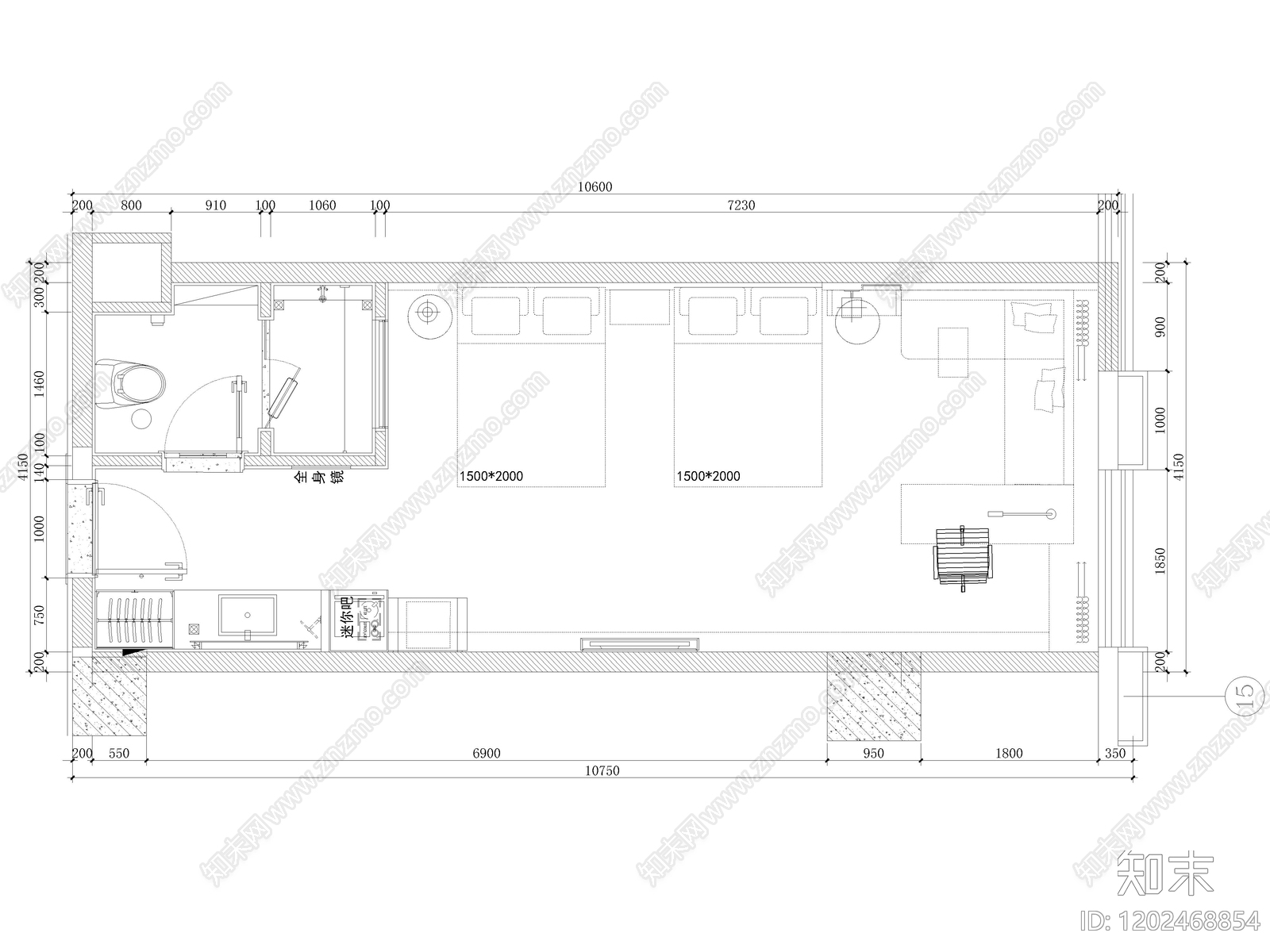 100套酒店客房CAD平面布局图cad施工图下载【ID:1202468854】