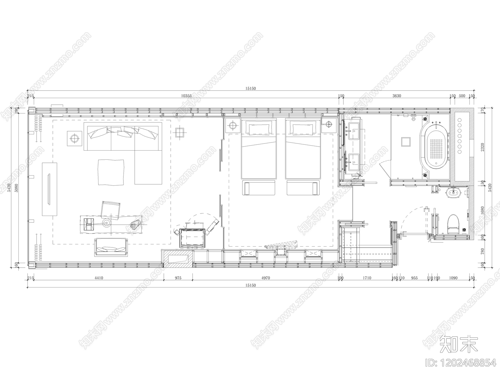 100套酒店客房CAD平面布局图cad施工图下载【ID:1202468854】