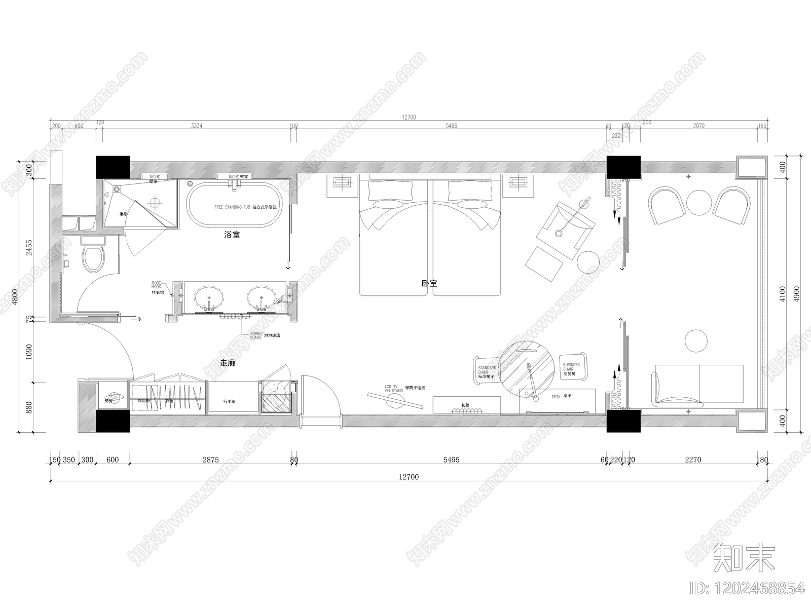 100套酒店客房CAD平面布局图cad施工图下载【ID:1202468854】