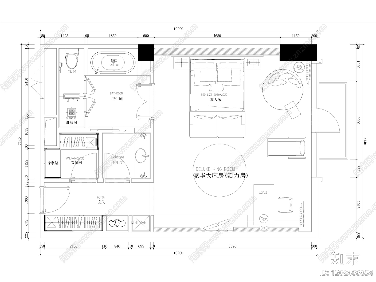 100套酒店客房CAD平面布局图cad施工图下载【ID:1202468854】