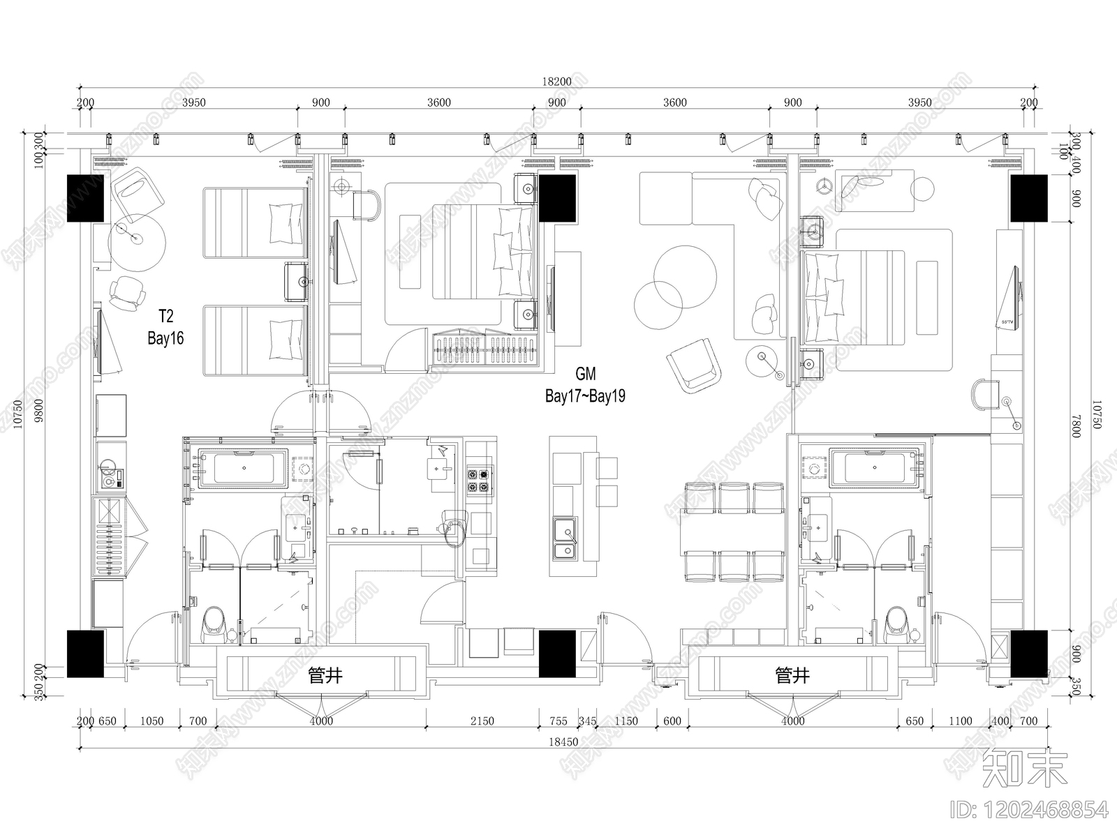 100套酒店客房CAD平面布局图cad施工图下载【ID:1202468854】
