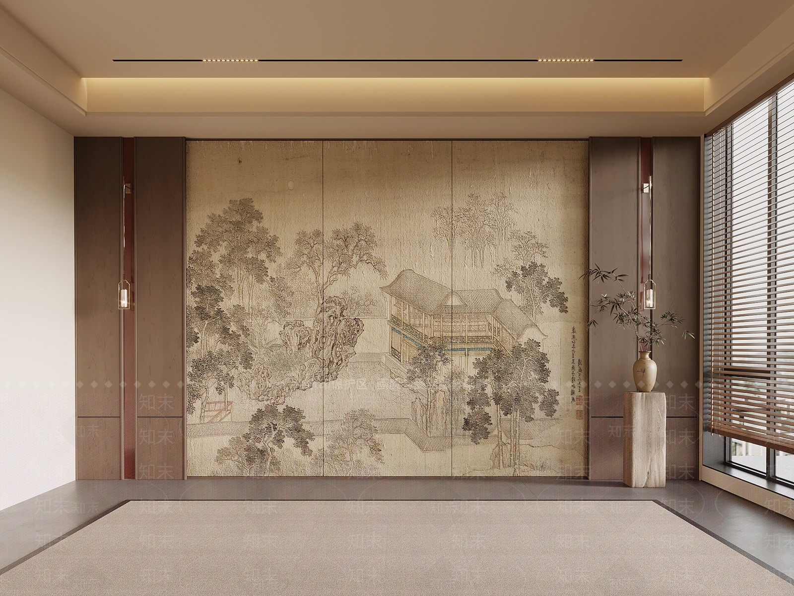 新中式电视背景墙3D模型下载【ID:1202473926】