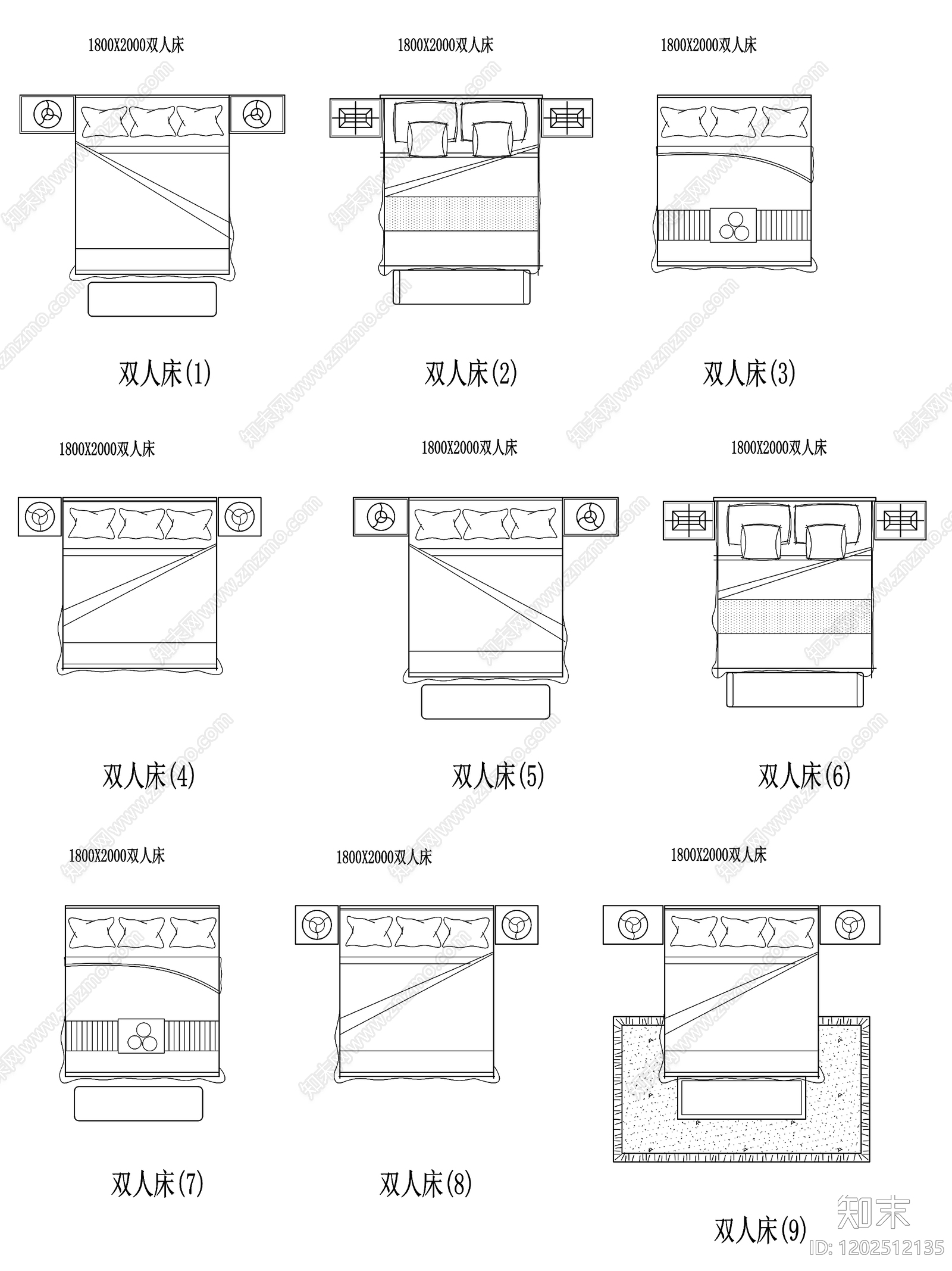 现代中式床施工图下载【ID:1202512135】
