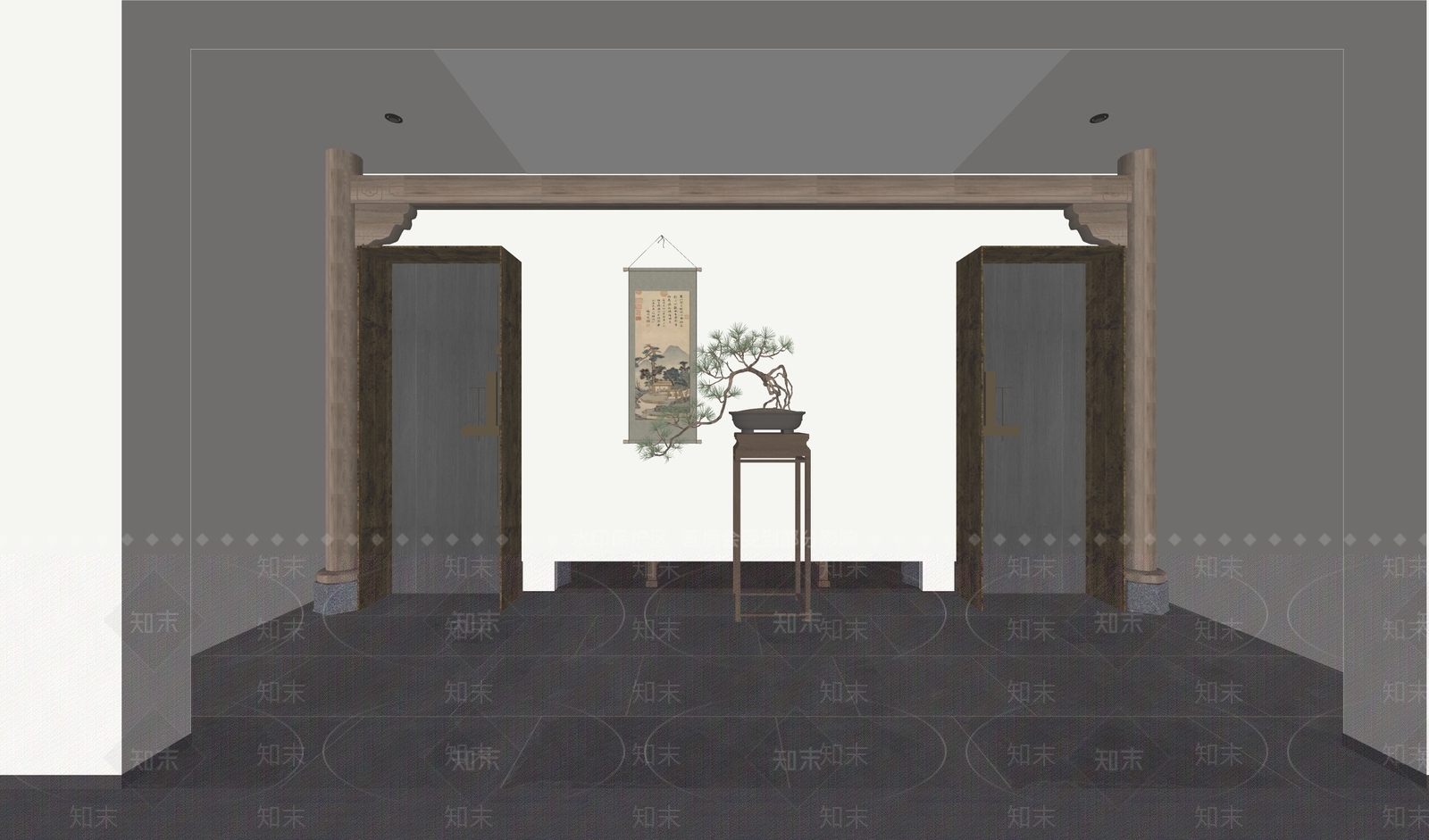 新中式极简办公走廊SU模型下载【ID:1202525419】
