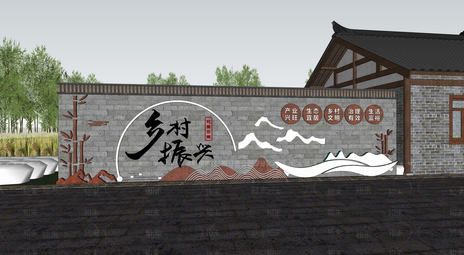 现代新中式景墙SU模型下载【ID:1202538131】