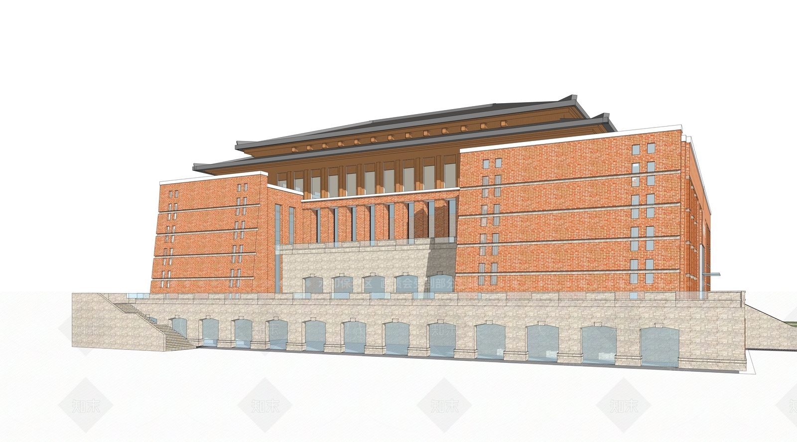 新中式中式图书馆建筑SU模型下载【ID:1202546535】