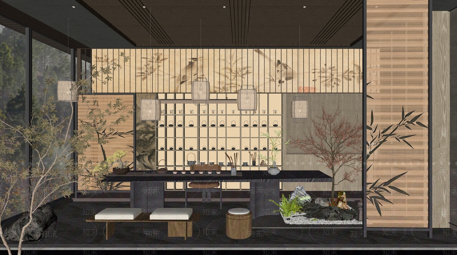 新中式茶室SU模型下载【ID:1202652045】