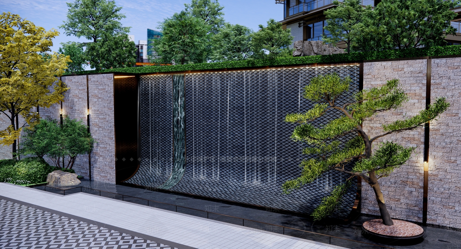 现代新中式景观水墙SU模型下载【ID:1202583059】