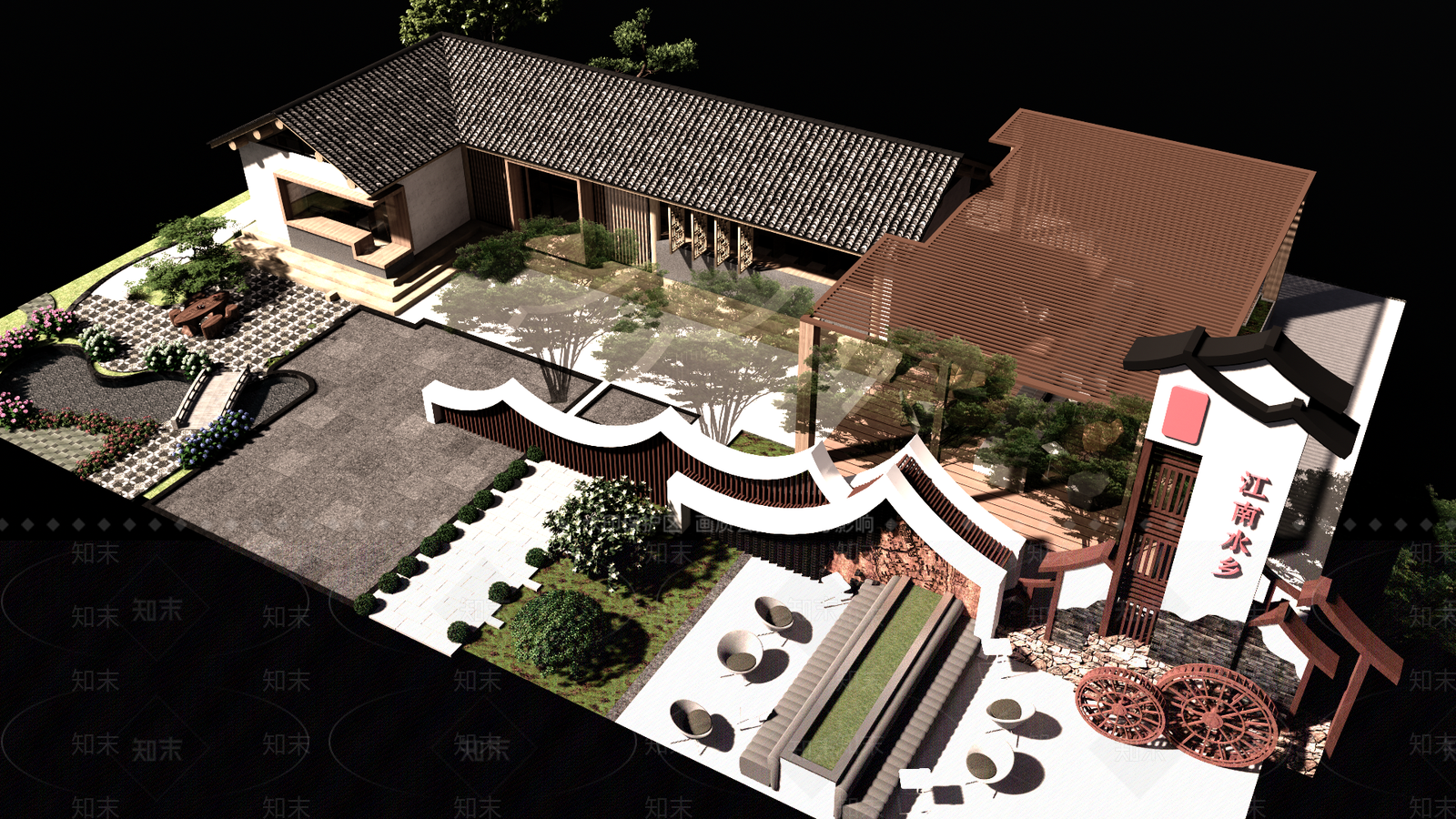 中式轻奢民宿建筑SU模型下载【ID:1202685772】