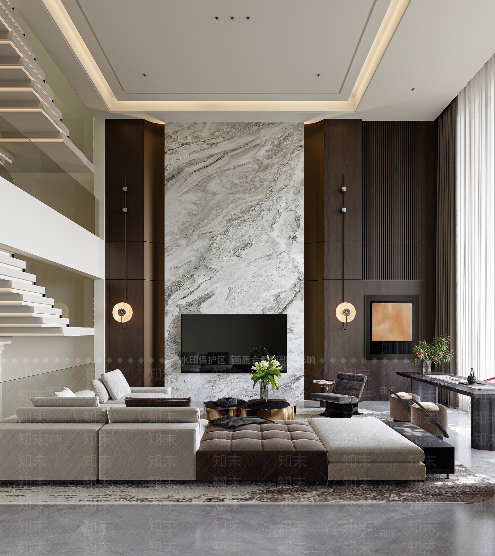 新中式现代挑空客厅3D模型下载【ID:1202633810】