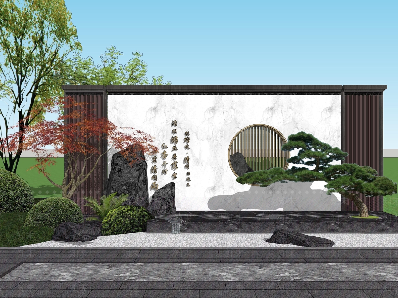 新中式中式景墙SU模型下载【ID:1202636313】