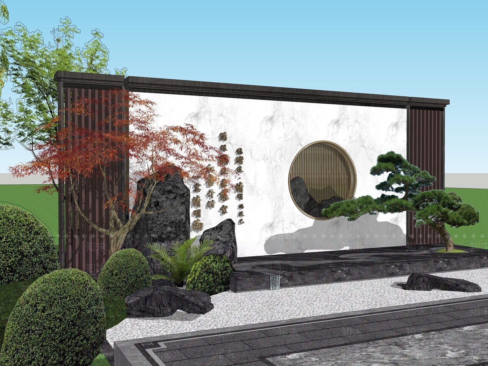 新中式中式景墙SU模型下载【ID:1202636313】