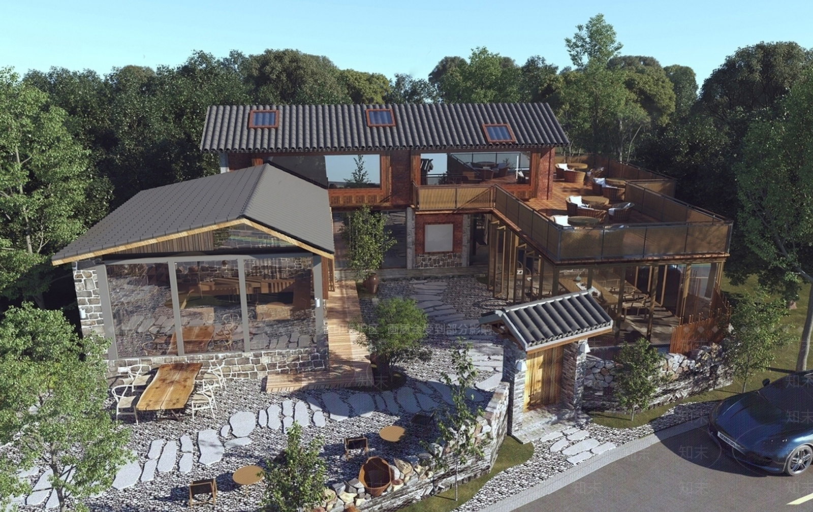 新中式中式民宿建筑SU模型下载【ID:1202640312】