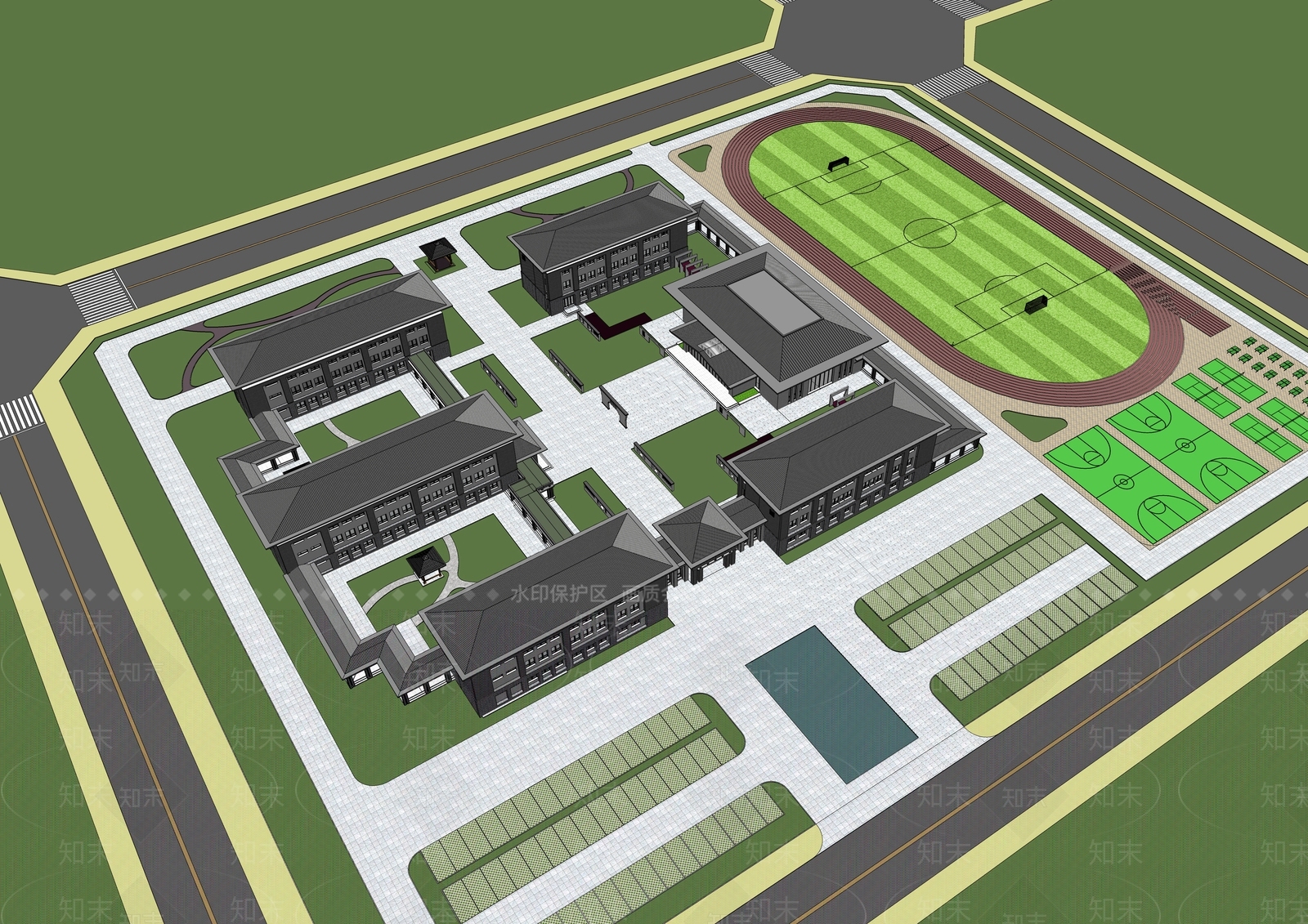新中式学校建筑SU模型下载【ID:1202659718】