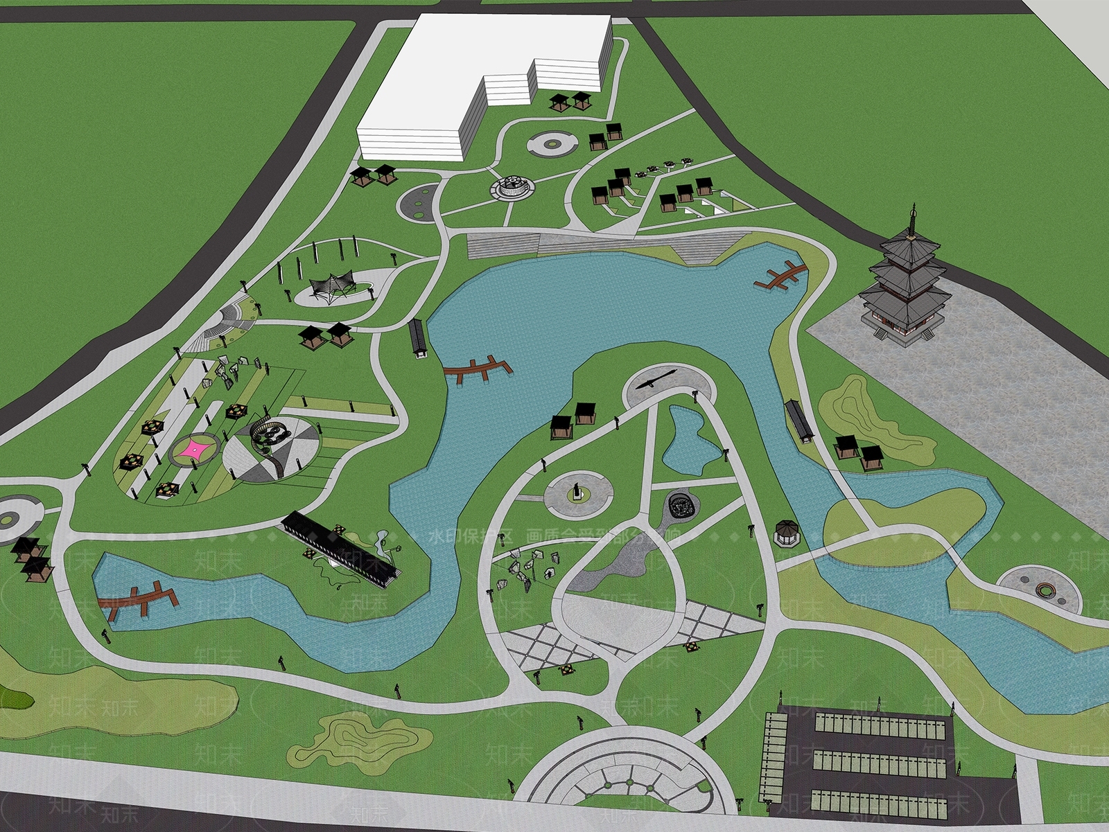 新中式现代景观公园SU模型下载【ID:1202669846】