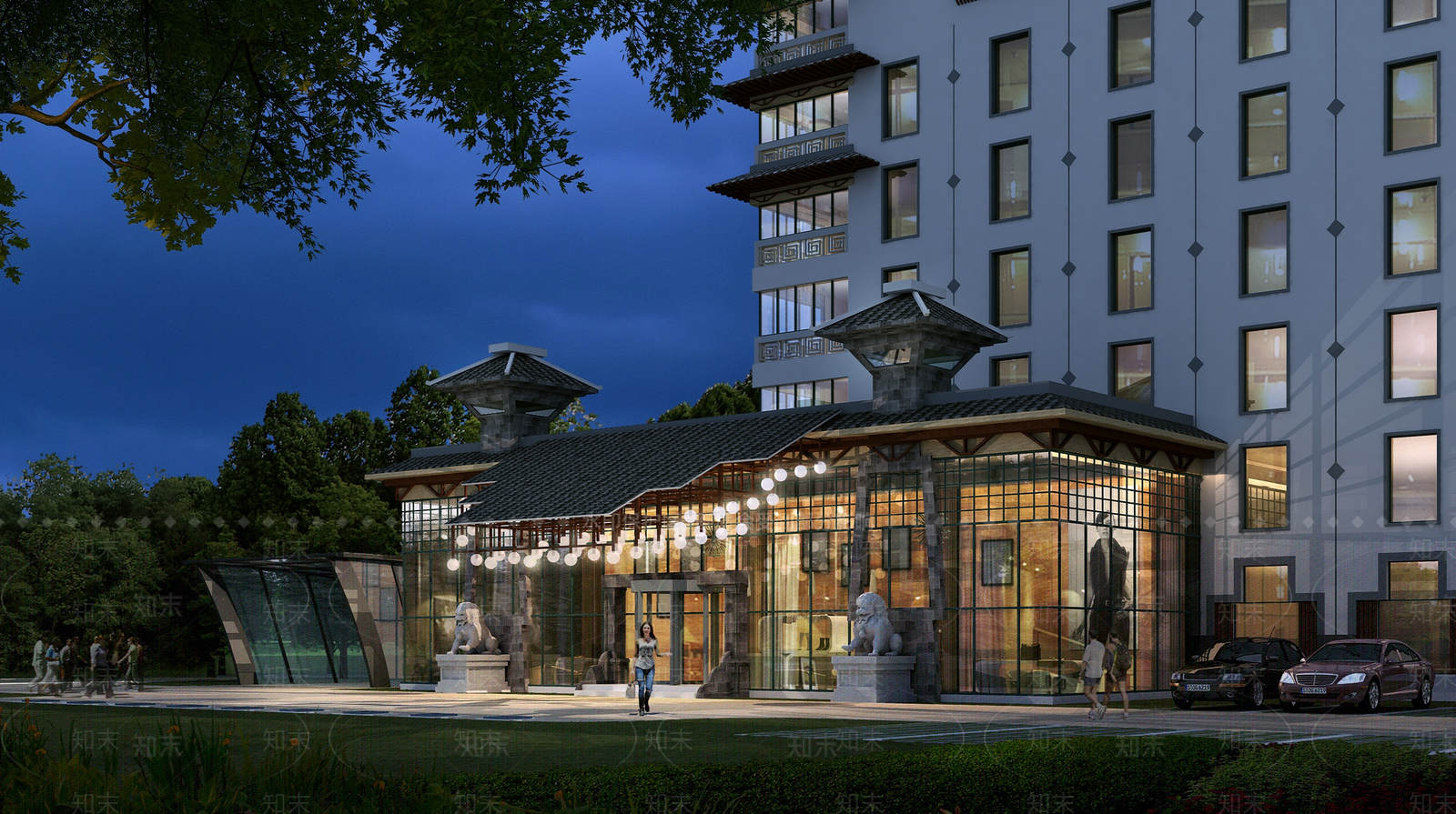 新中式中式酒店建筑SU模型下载【ID:1202670319】