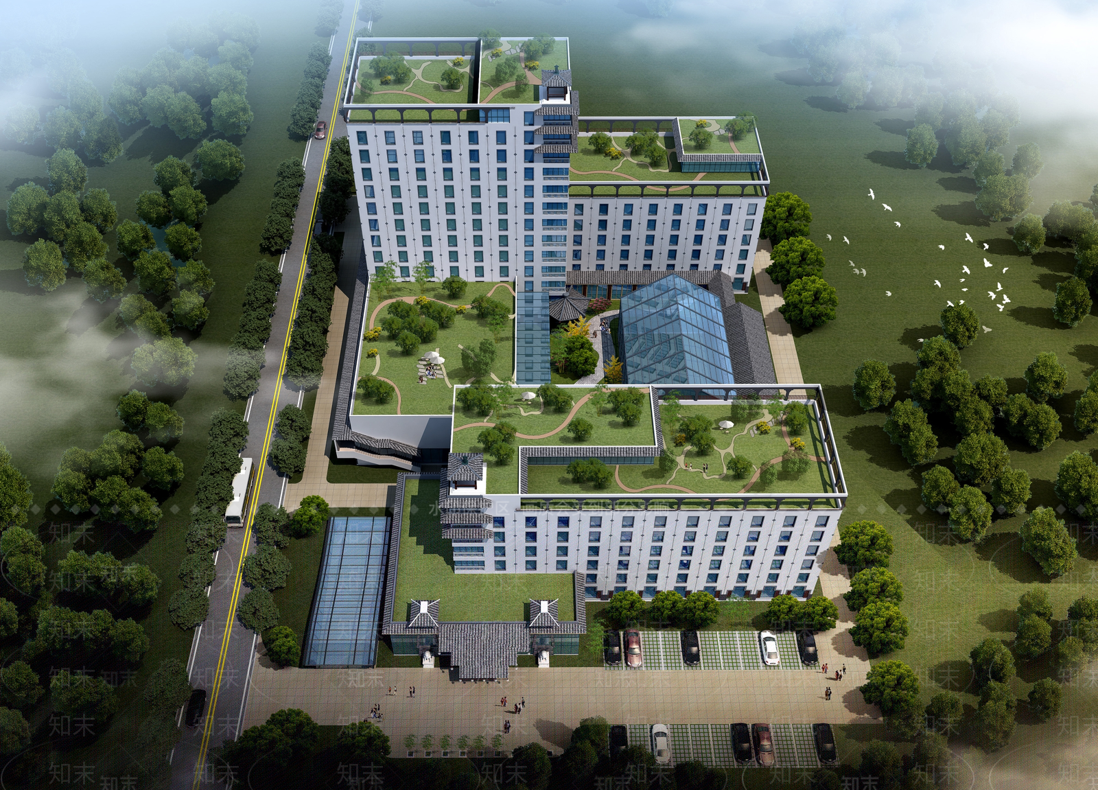 新中式中式酒店建筑SU模型下载【ID:1202670319】