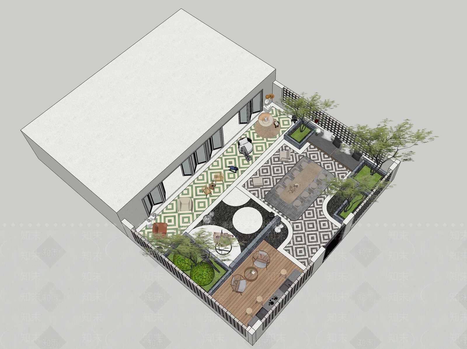 现代奶油别墅庭院SU模型下载【ID:1202673402】
