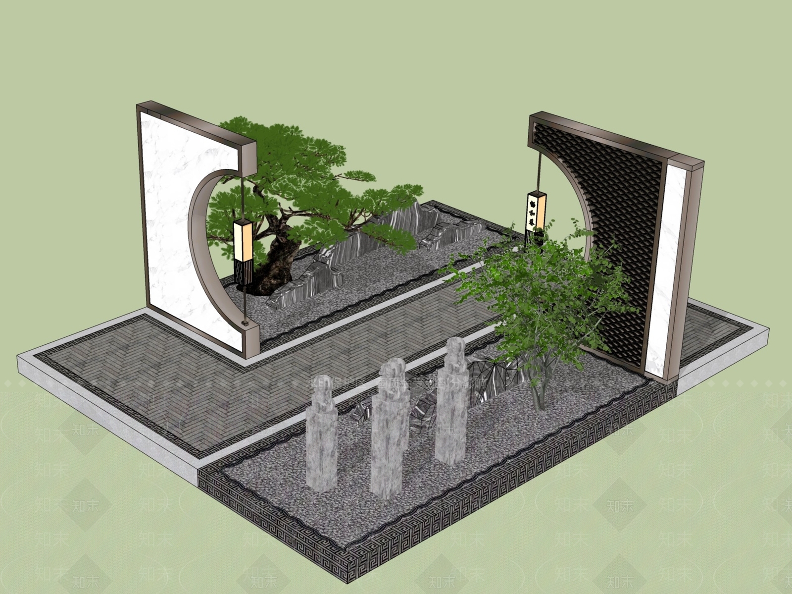 新中式中式景墙SU模型下载【ID:1202701650】