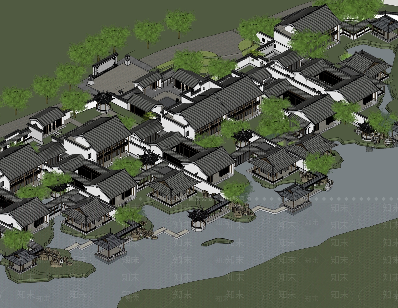 新中式中式古建筑SU模型下载【ID:1202716056】