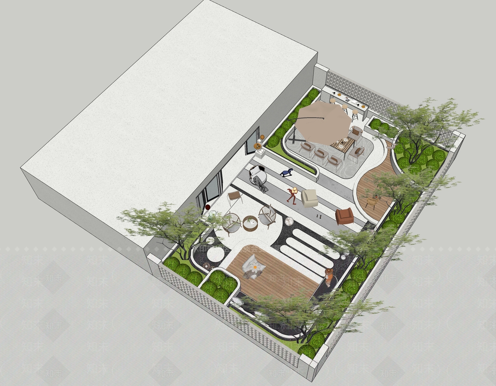 现代奶油别墅庭院SU模型下载【ID:1202716878】