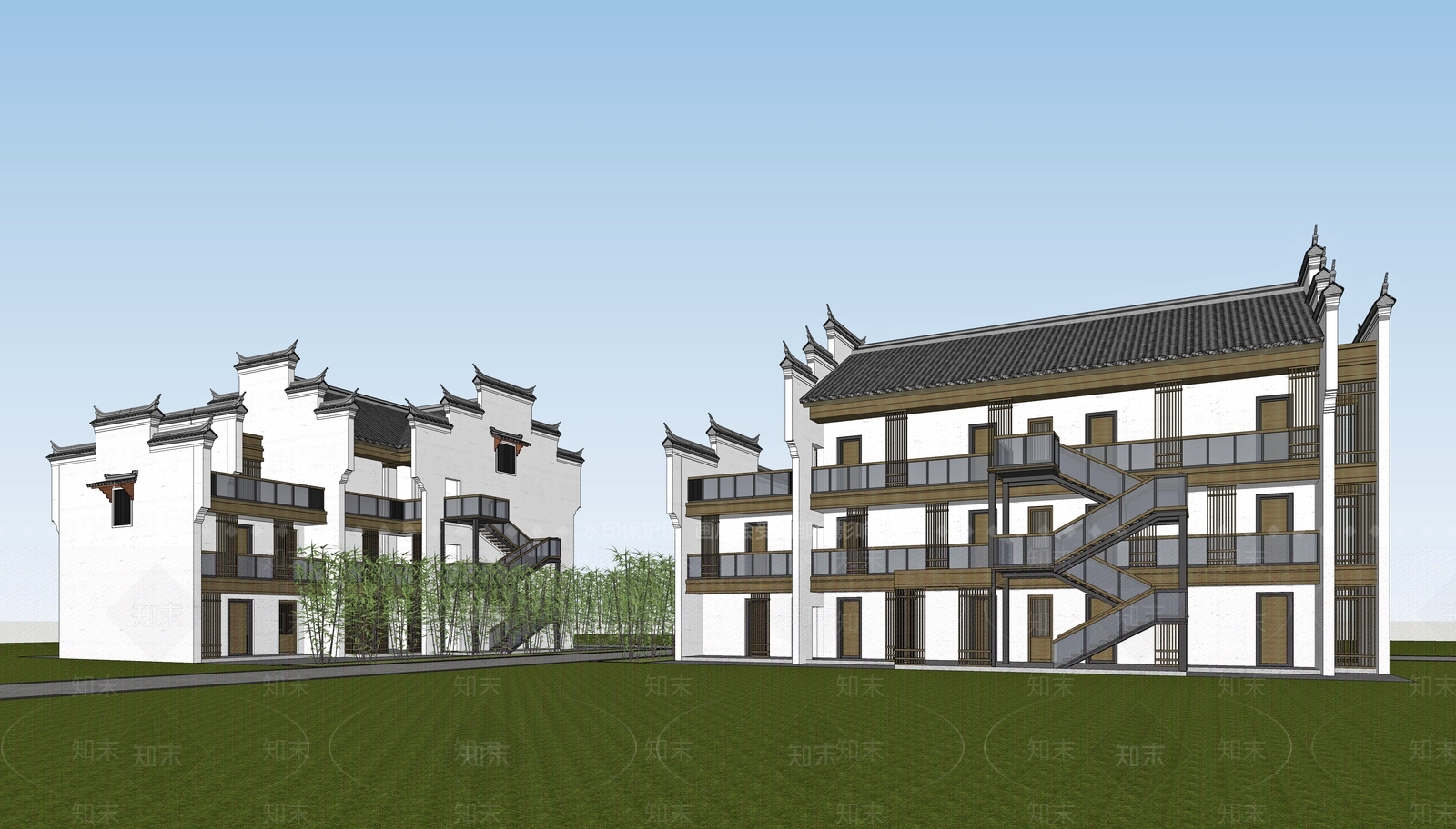 中式民宿建筑SU模型下载【ID:1202717933】