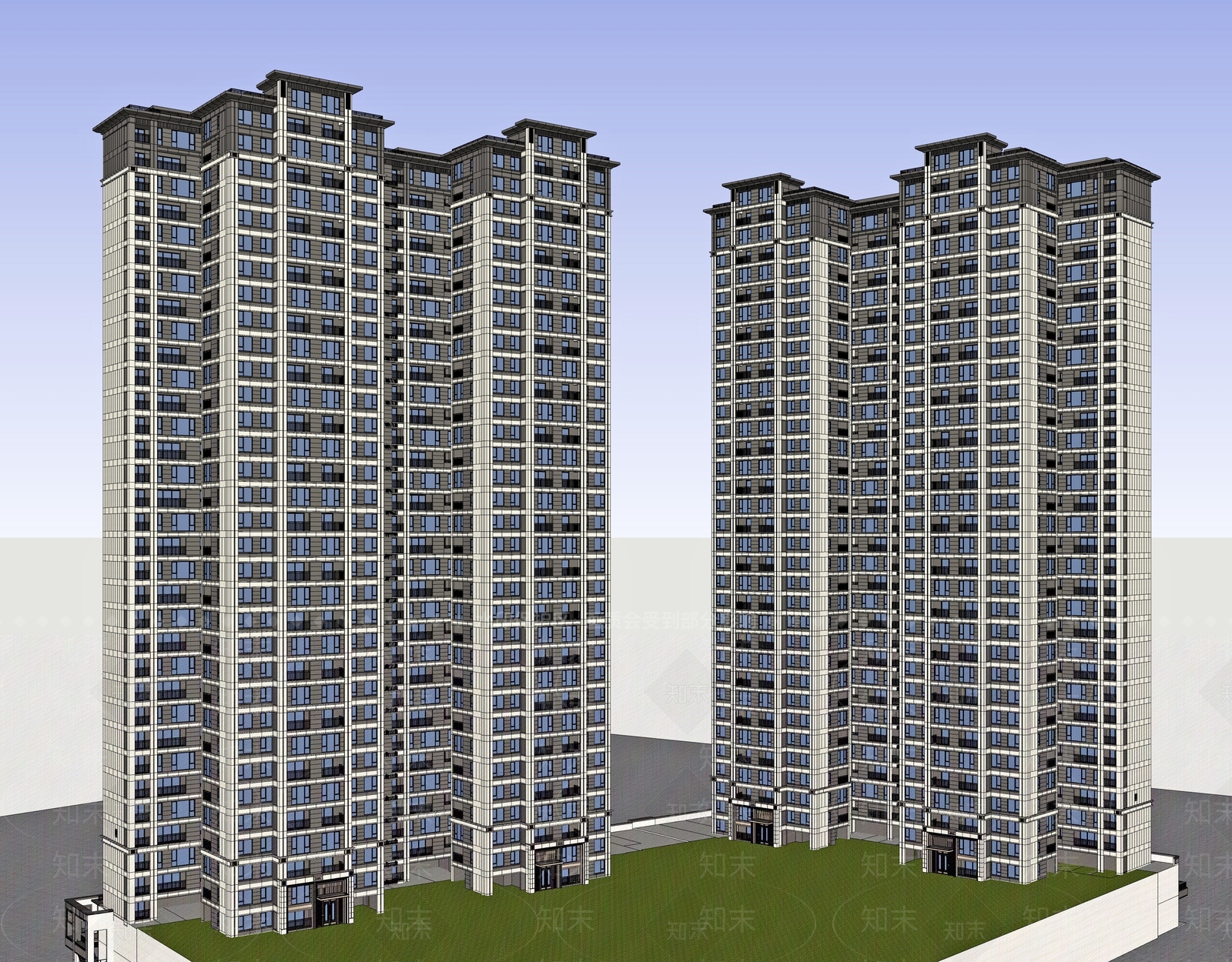 新中式高层住宅SU模型下载【ID:1202742562】
