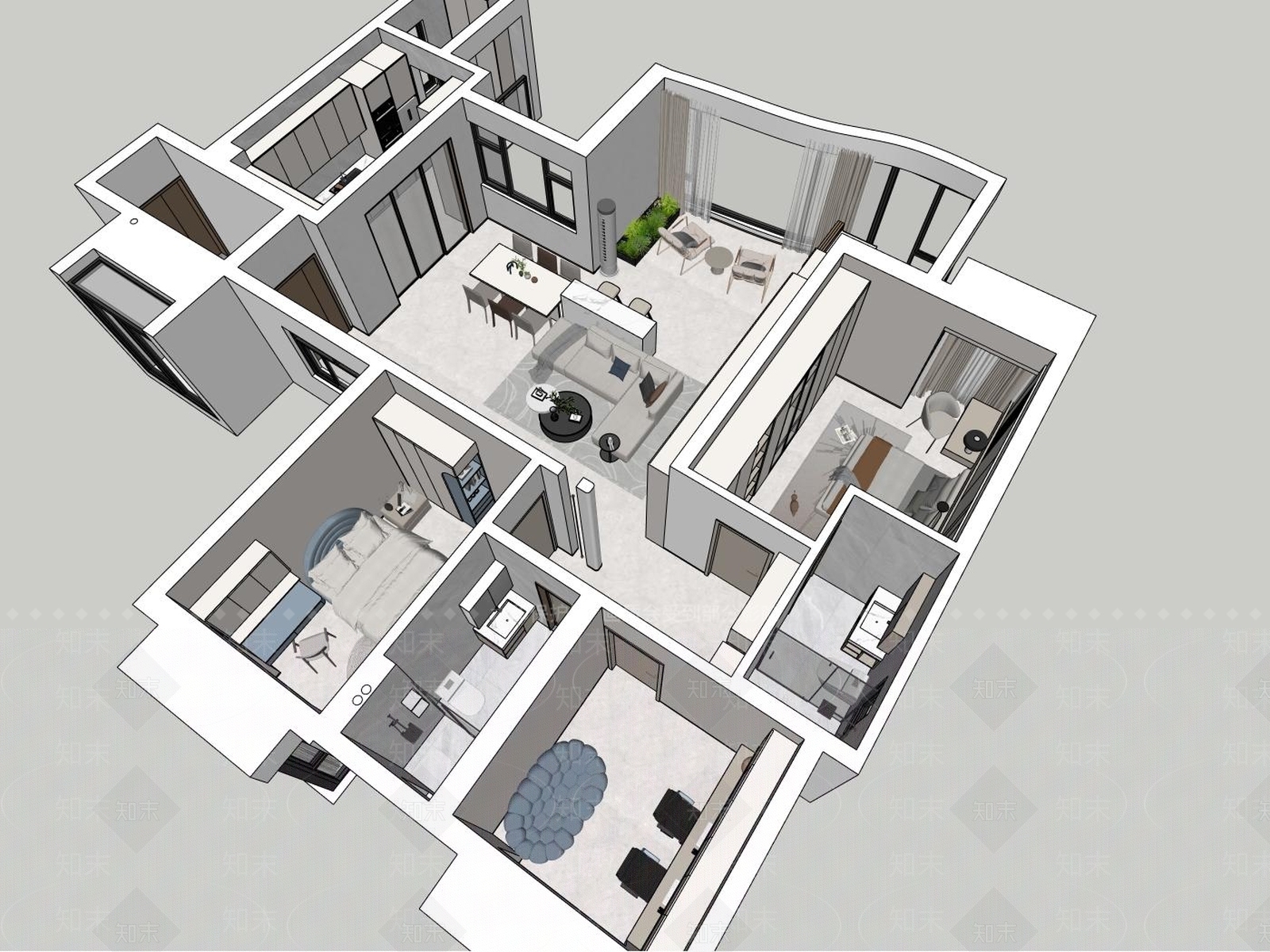 现代简约家装鸟瞰SU模型下载【ID:1202750401】