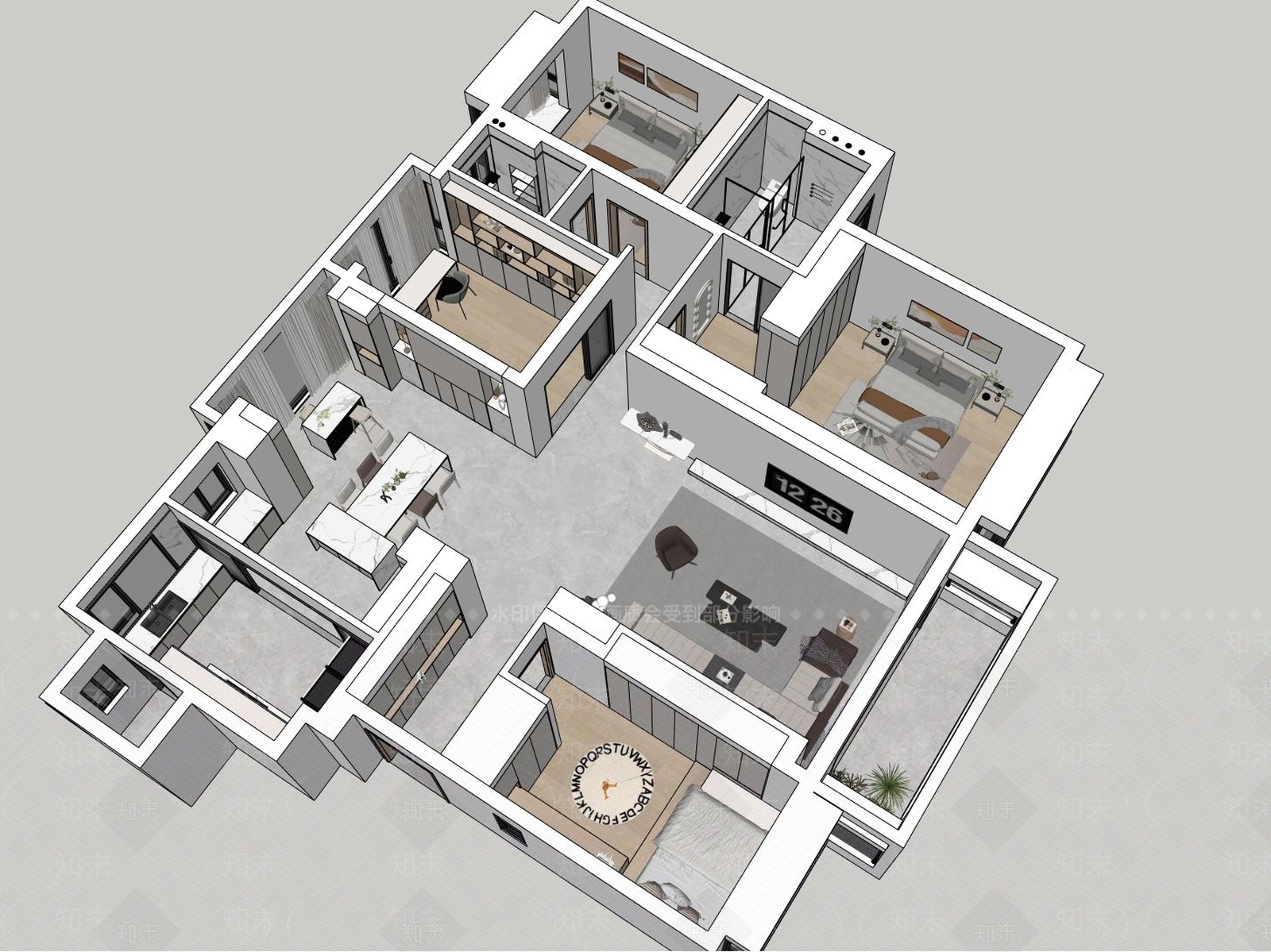 现代简约家装鸟瞰SU模型下载【ID:1202758823】