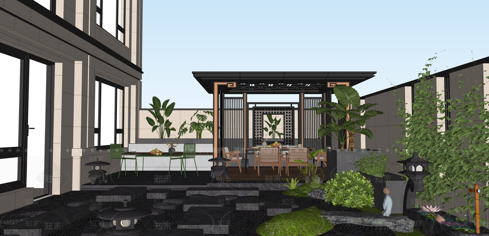 新中式别墅庭院SU模型下载【ID:1202760736】