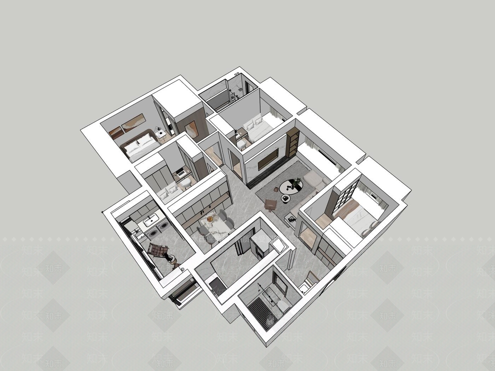 现代简约家装鸟瞰SU模型下载【ID:1202778508】
