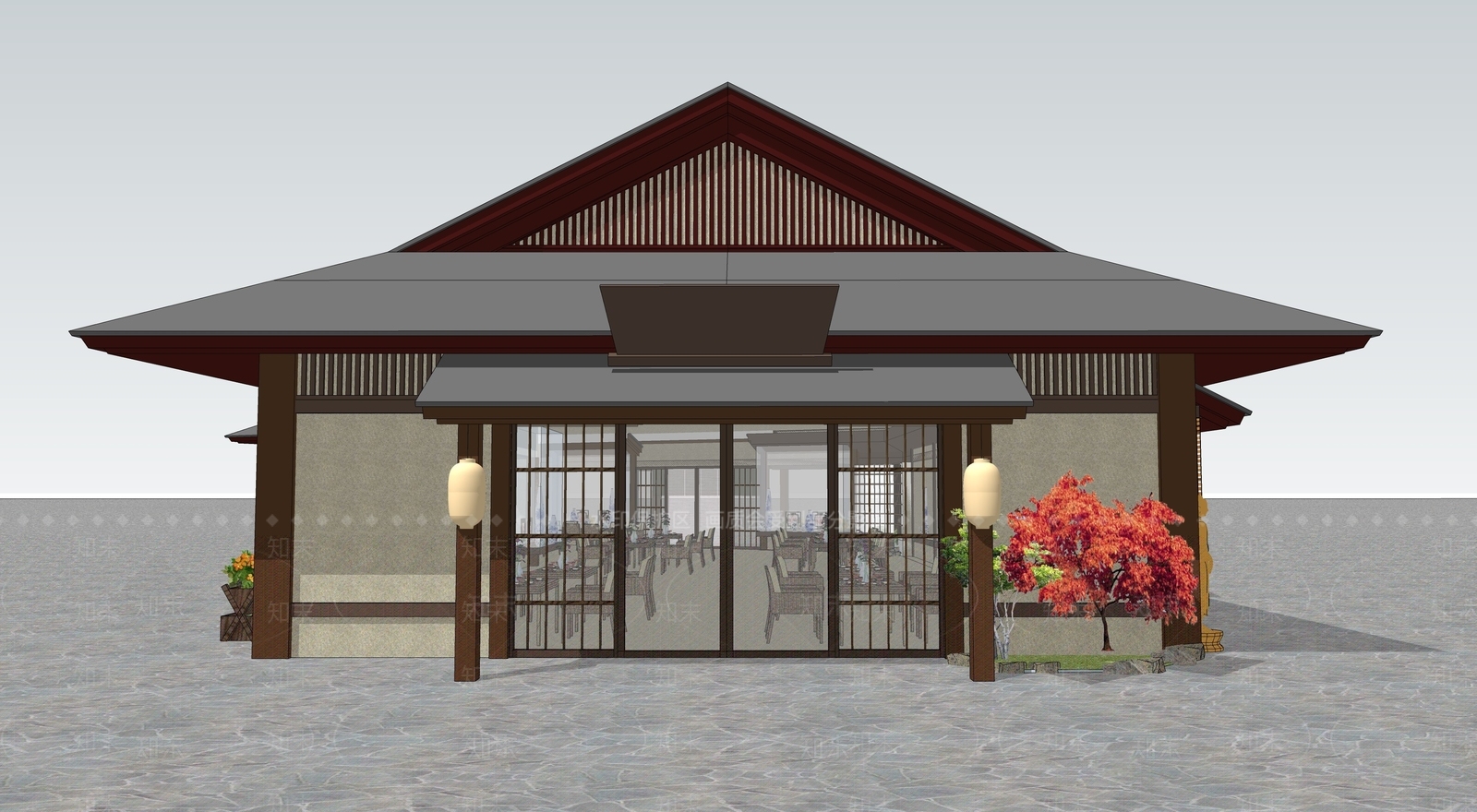 新中式餐饮建筑SU模型下载【ID:1202783503】