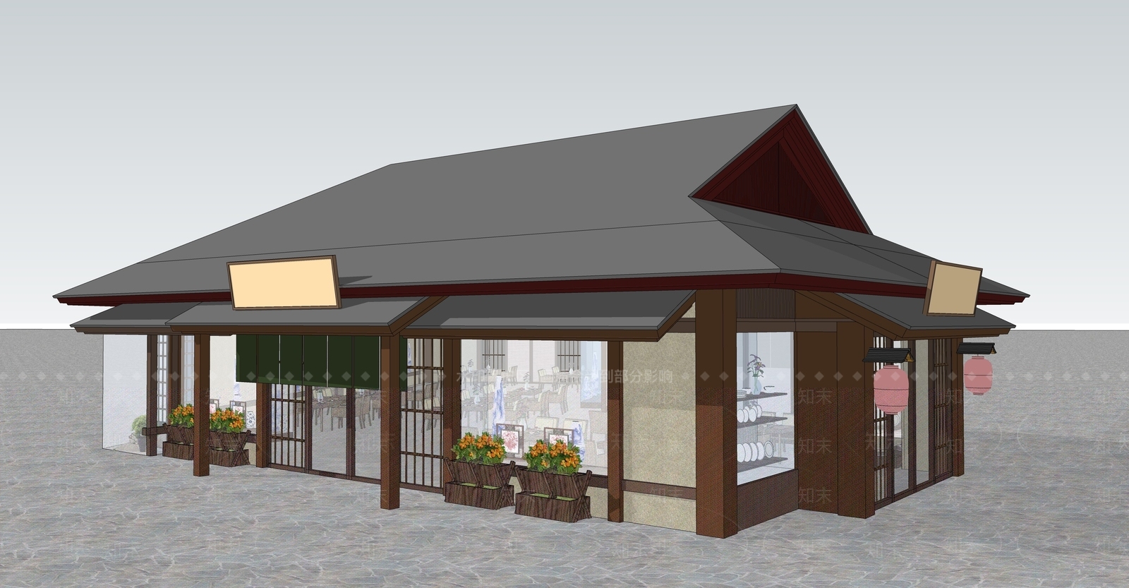 新中式餐饮建筑SU模型下载【ID:1202783503】