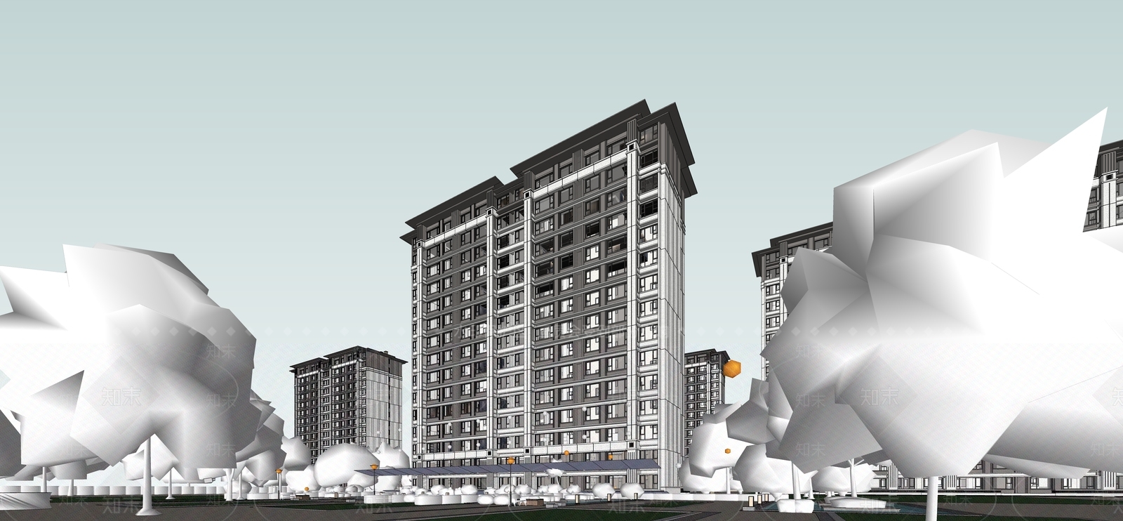 新中式小区建筑SU模型下载【ID:1202789128】