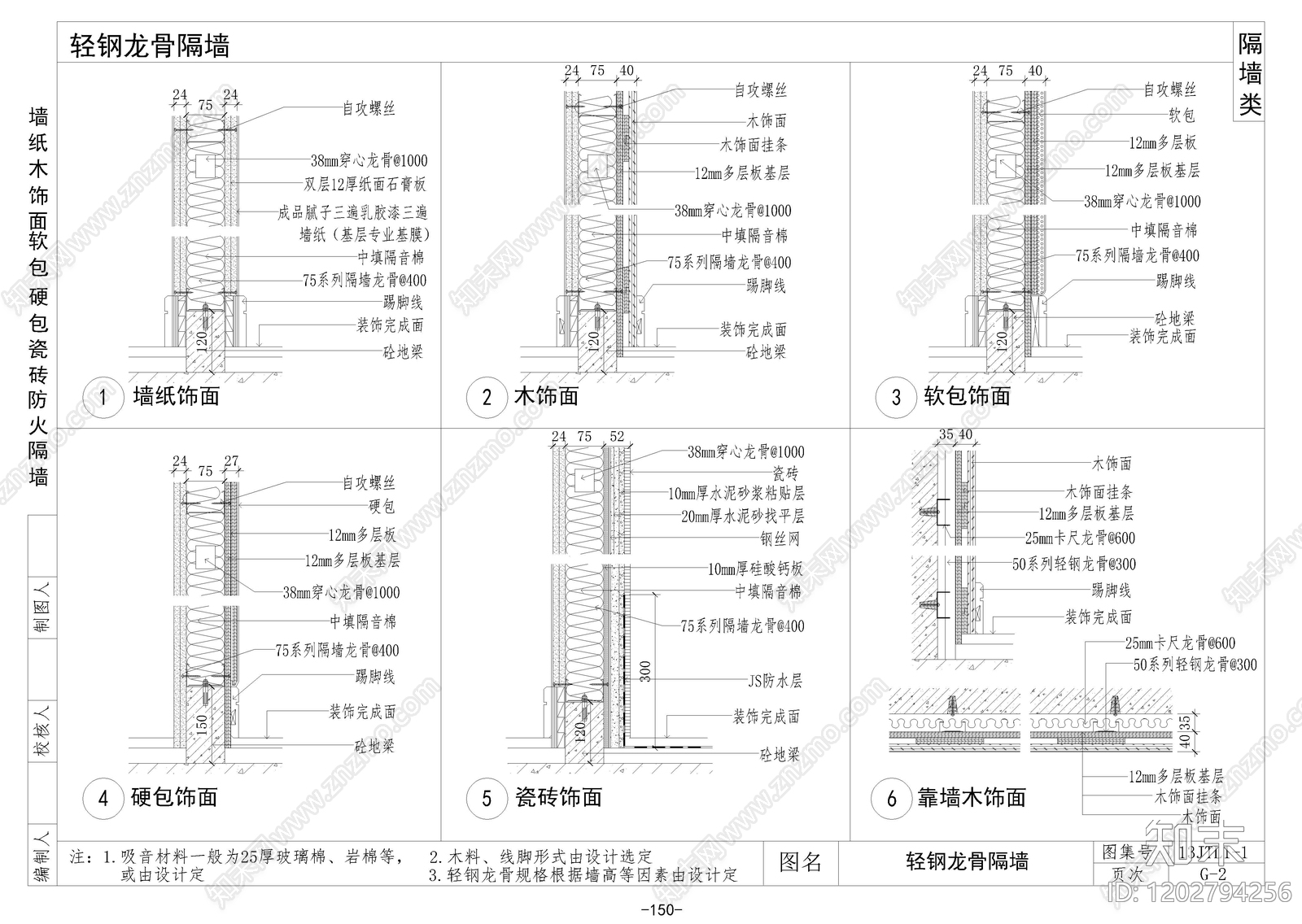 轻钢龙骨隔墙cad施工图下载【ID:1202794256】