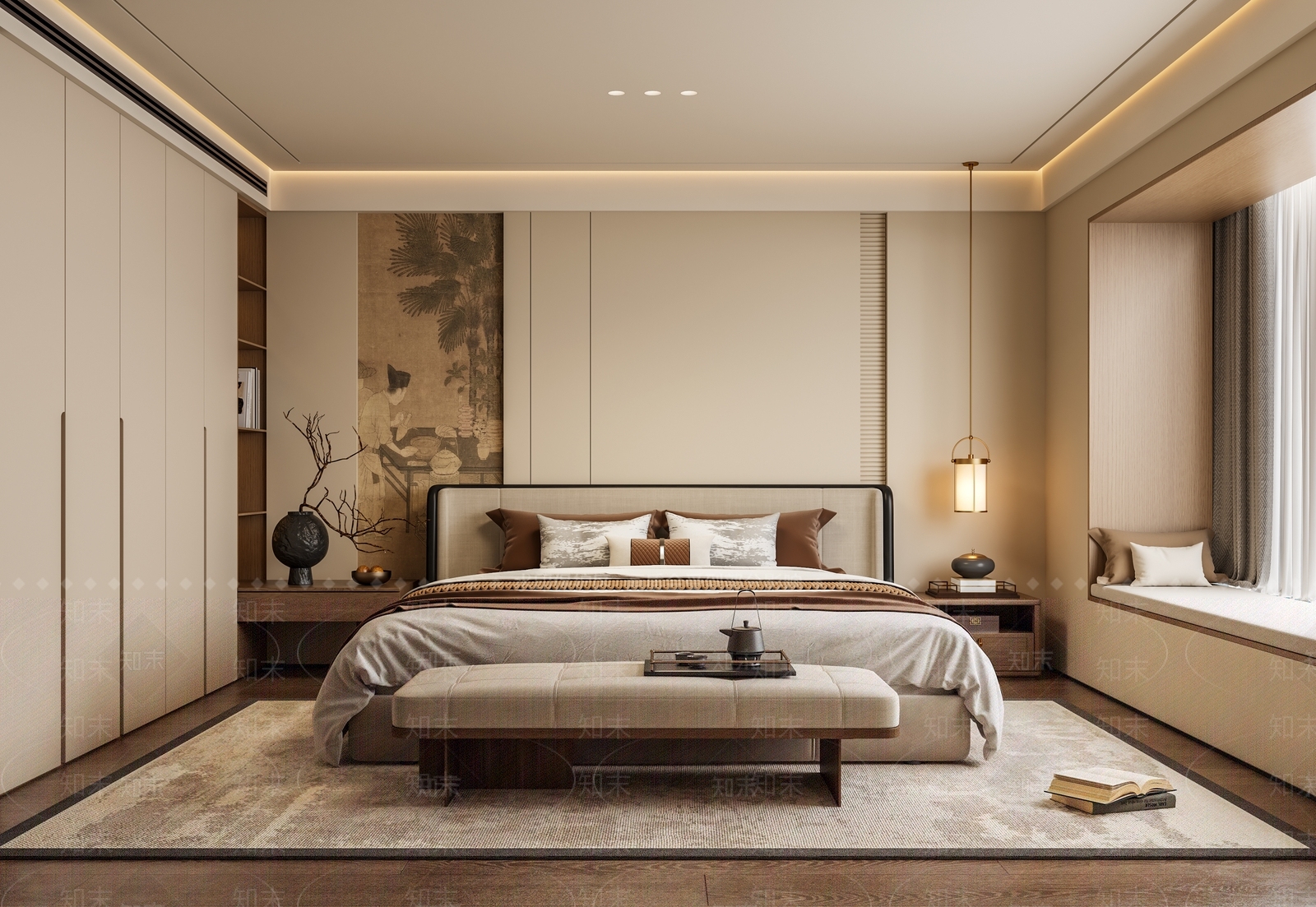 禅意新中式家居卧室3D模型下载【ID:1202796859】
