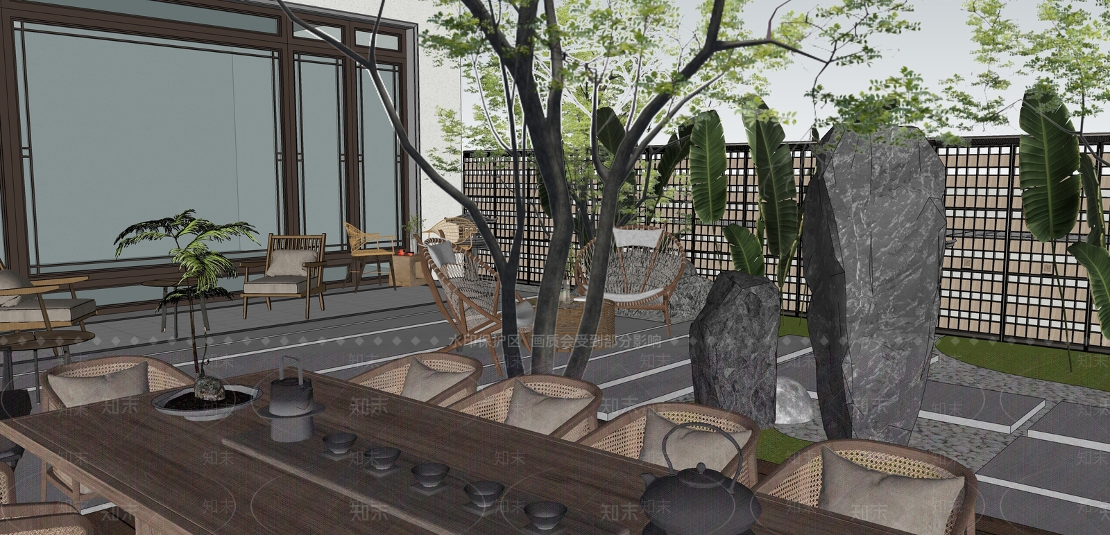 新中式轻奢别墅庭院SU模型下载【ID:1202825898】