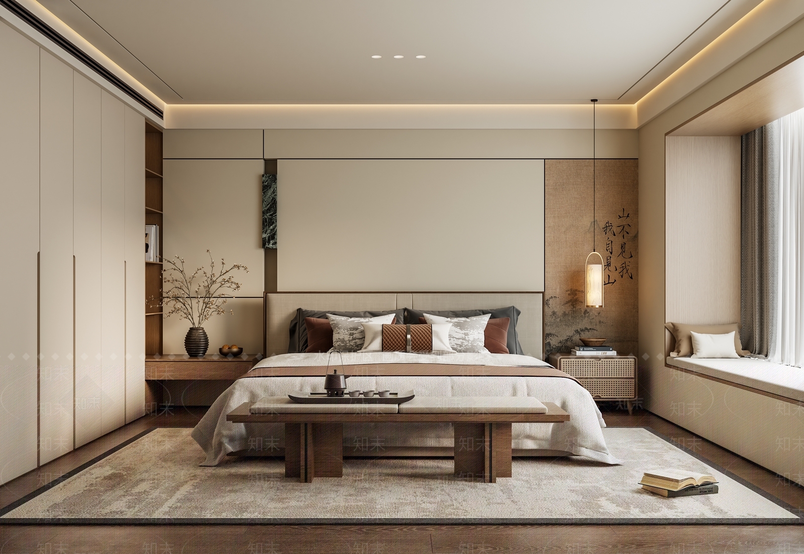 禅意新中式家居卧室3D模型下载【ID:1202801760】