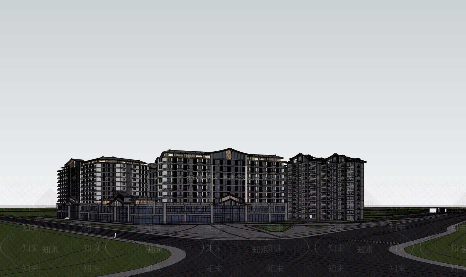 新中式酒店建筑SU模型下载【ID:1202806242】