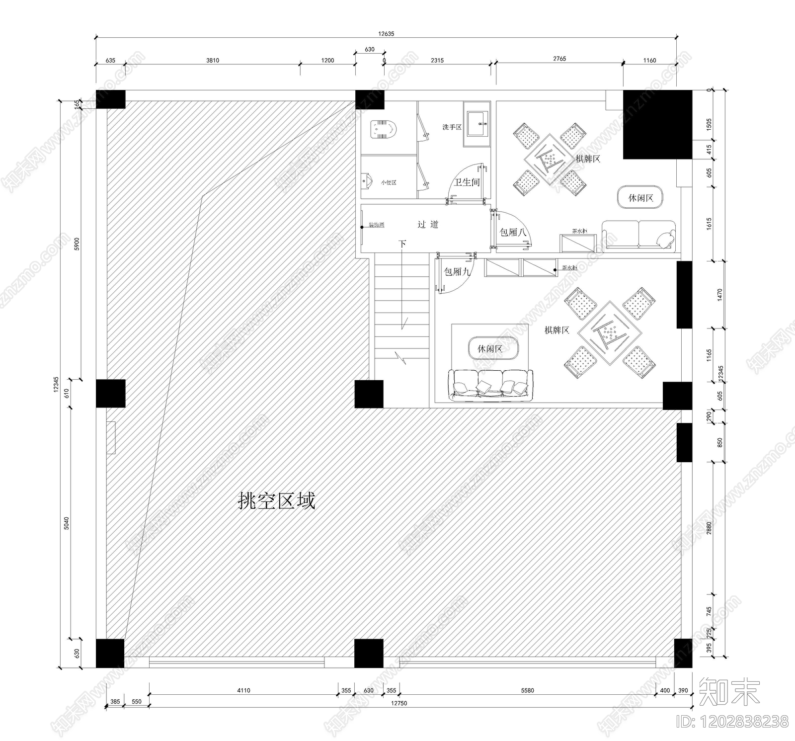 现代棋牌室cad施工图下载【ID:1202838238】