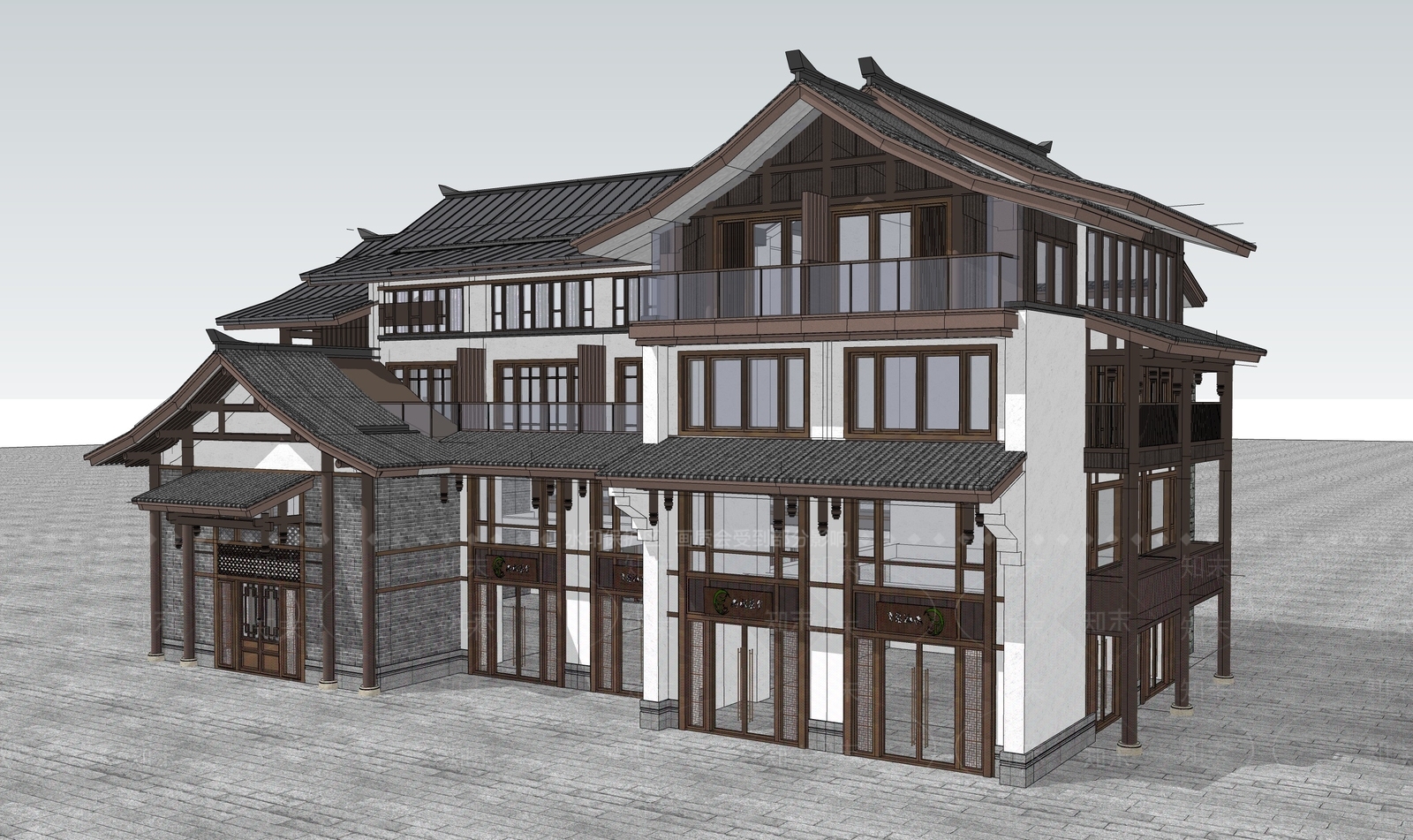 新中式餐饮建筑SU模型下载【ID:1202874509】