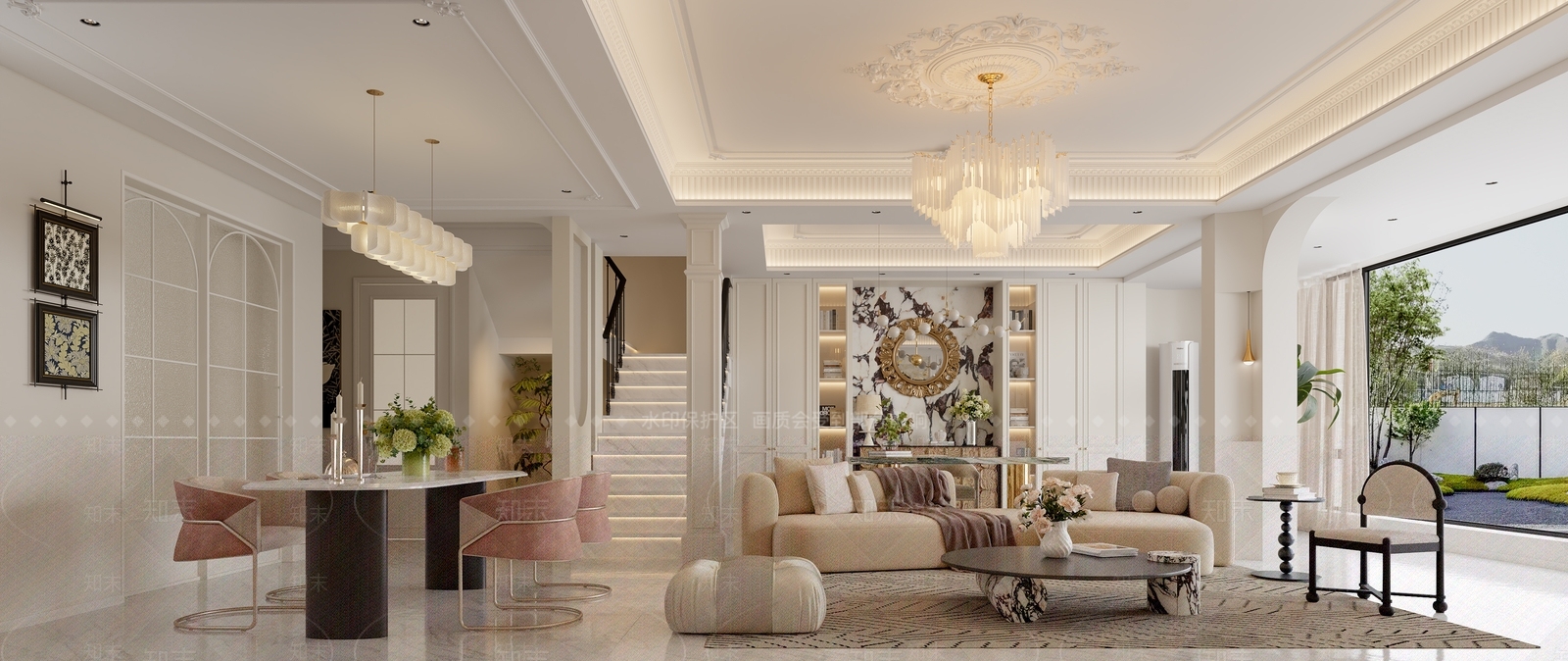 法式奶油别墅客厅3D模型下载【ID:1202922766】