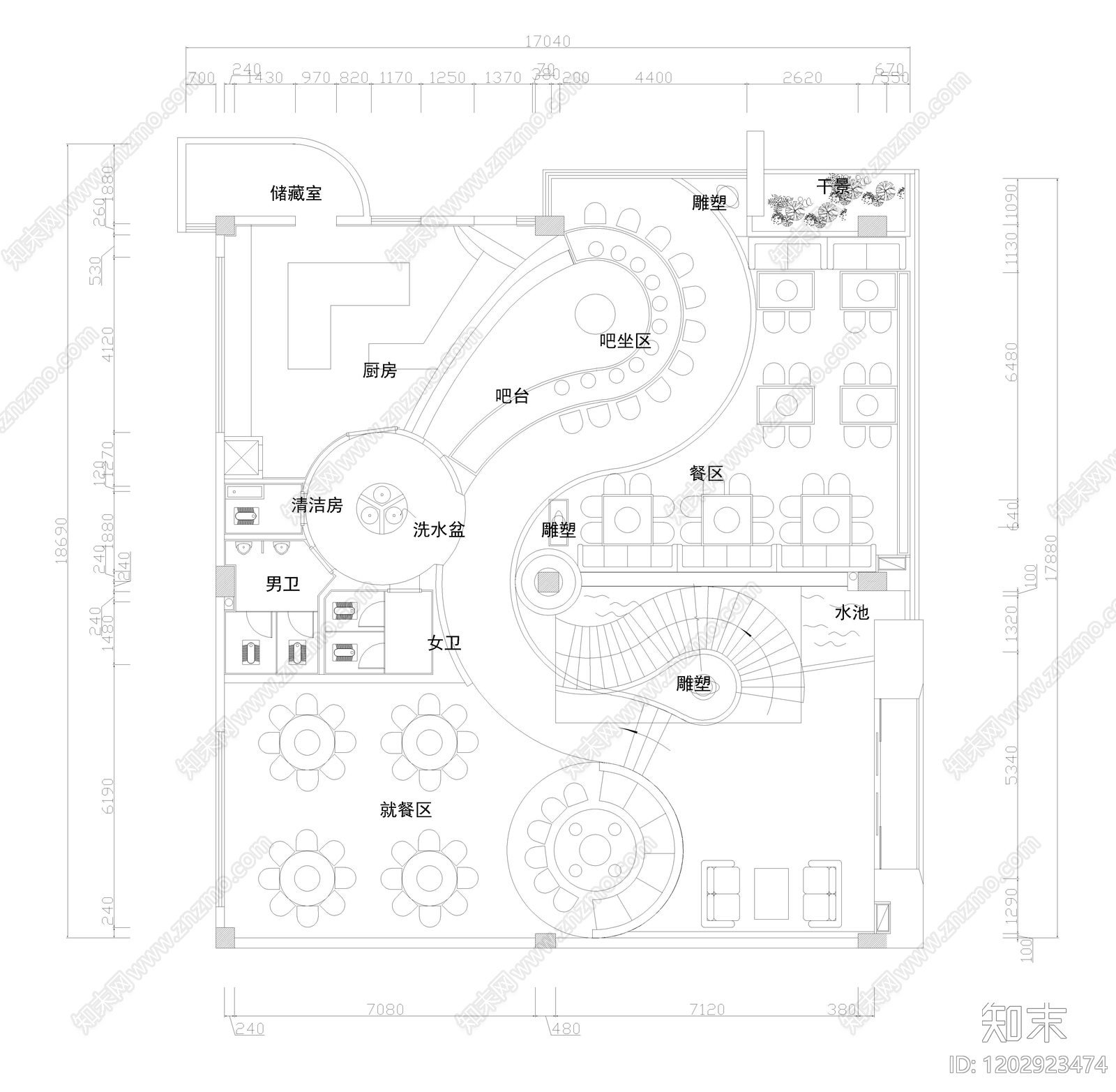 现代西餐厅cad施工图下载【ID:1202923474】
