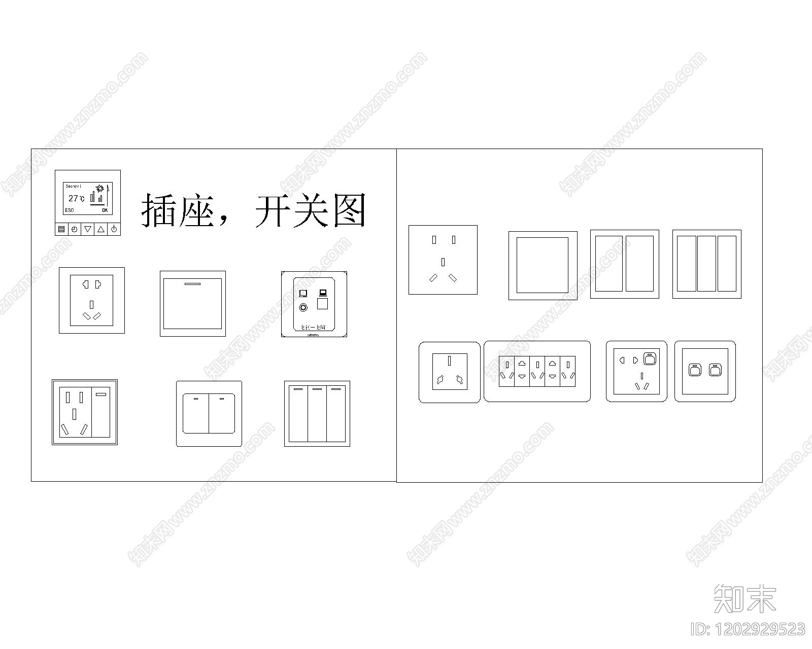 现代开关插座cad施工图下载【ID:1202929523】