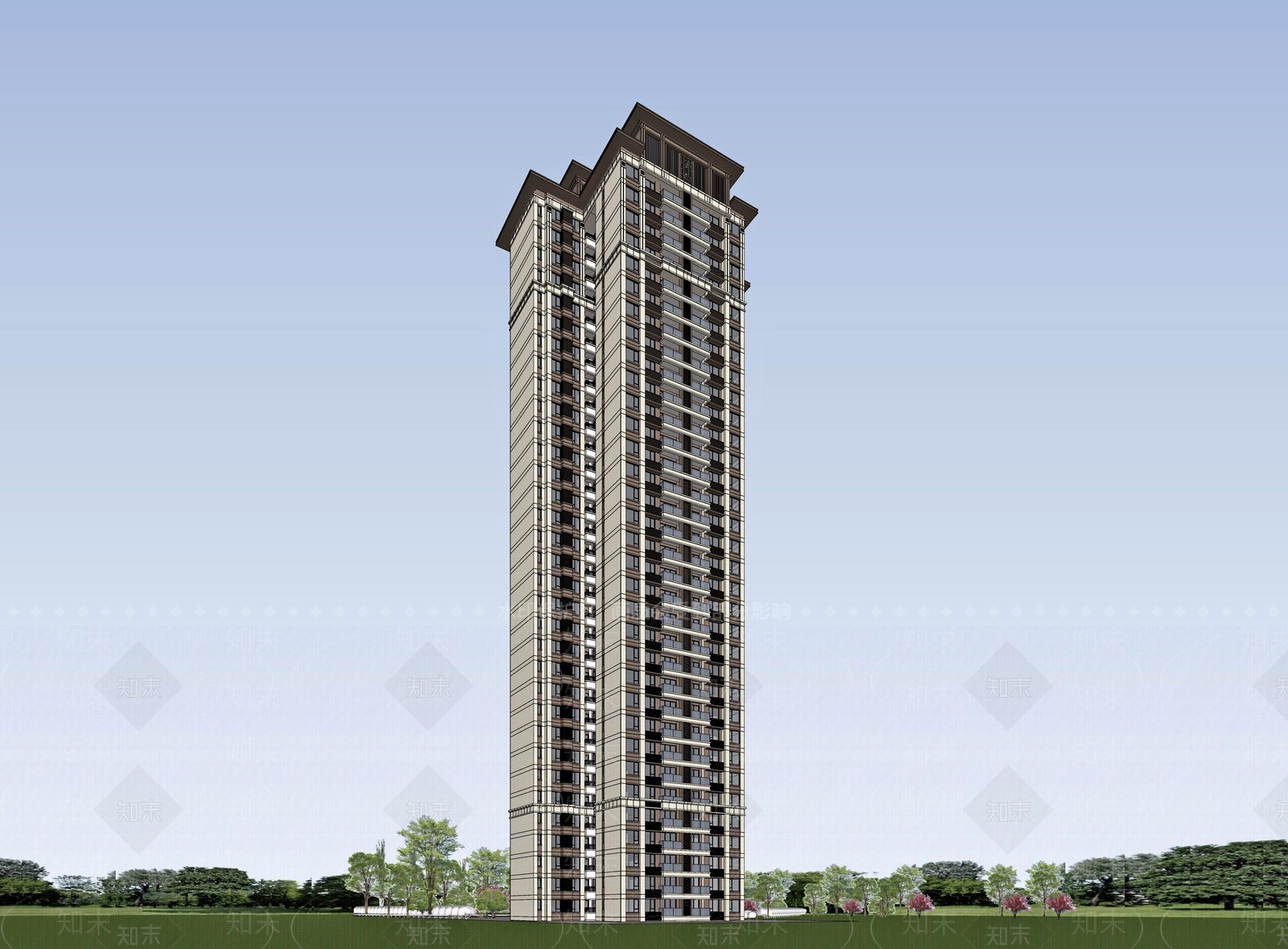 新中式高层住宅SU模型下载【ID:1202933621】