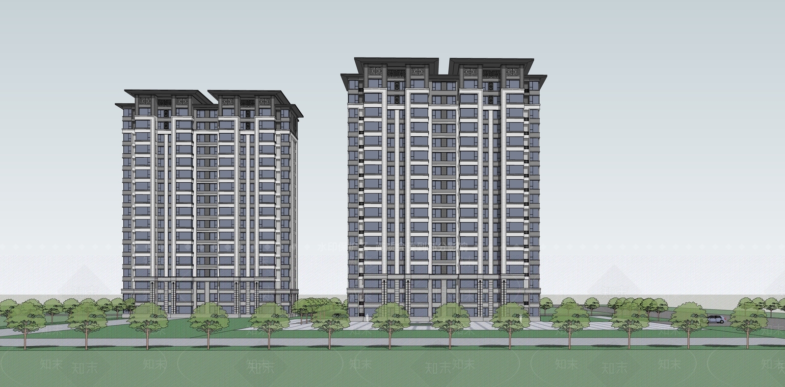 新中式高层住宅SU模型下载【ID:1202956985】