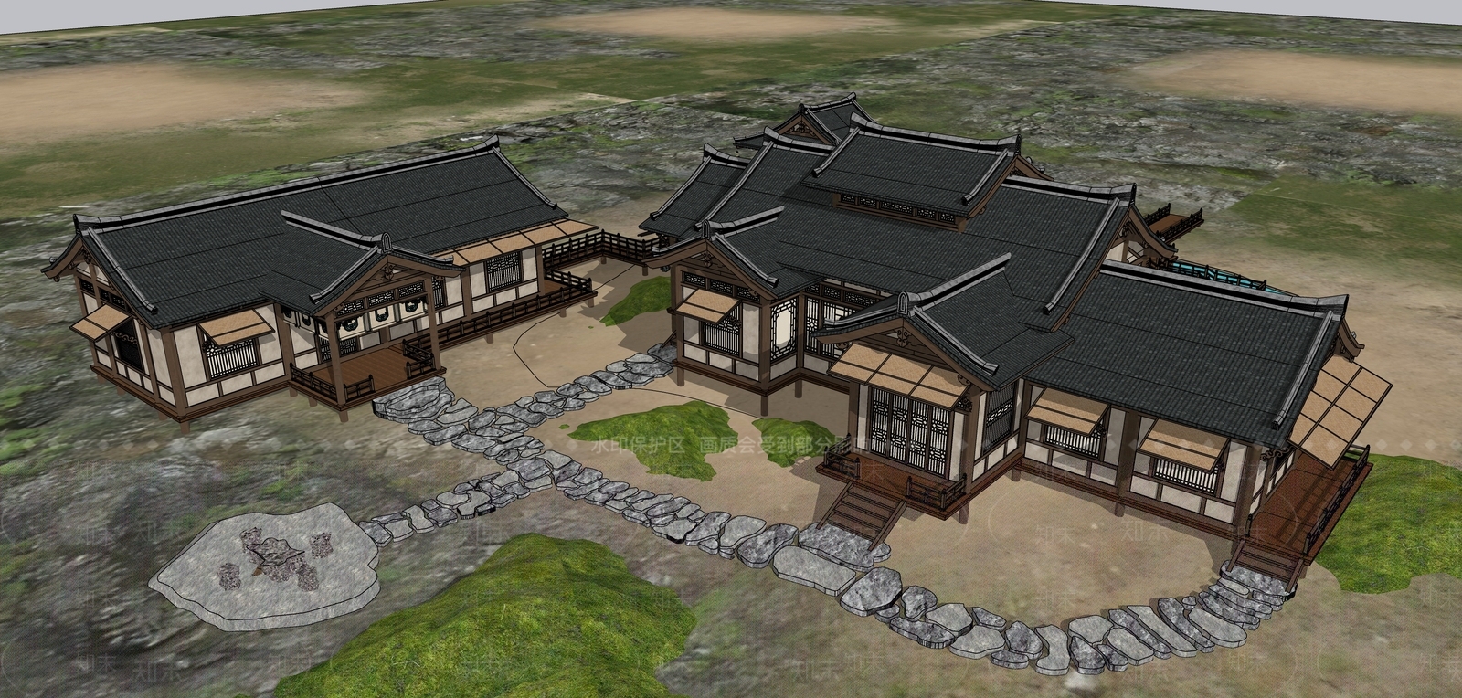 中式禅意古建筑SU模型下载【ID:1202966806】